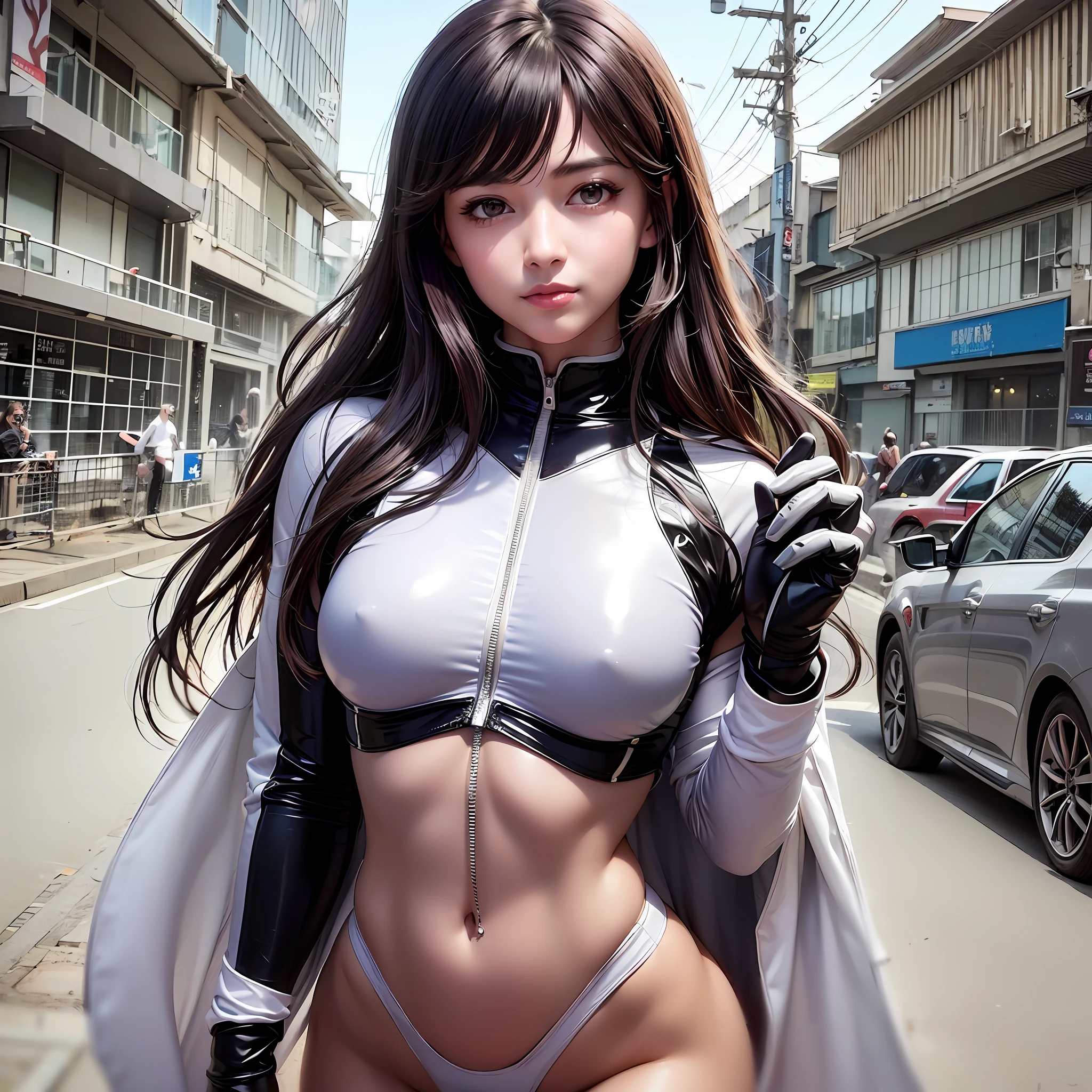 Highly detailed body、Middle hair、Lightly wavy hair、Weeping bangs、A dark-haired、beautiful detailed hair、Delicate beautiful face、seducting smile、beautifully detailed eyes、Authentic skin texture)、((White racing suit, Latex))、to stand、Very detailed 8k wallpaper、very precise details、(1womanl、middlebreasts、Constriction、20yr old、A MILF、Symmetrical face、eyes light)、(Narrow-eyed、eye liner、red blush、Black eyes)alluring face、perfectbody、japanes, glistning skin、high gloss skin、Professional Lighting、full body Esbian、the hair flutters with the wind、A smile、Walk on a racing track、facing straight at viewer、Do not put shadows on the face、