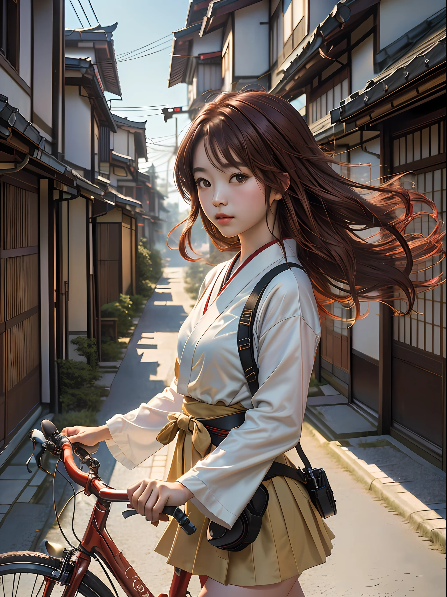 masterpiece, high resolution, photo-realistic:1.4), (Japanese girl:1.3), (heading to morning class:1.2), (riding her vibrant red bicycle:1.2), (flowing brown hair dancing in the wind:1.3), (serene and narrow street:1.2), (sparsely populated:1.1), (traditional Japanese houses lining the road:1.2), (soft morning sunlight:1.2), (peaceful and quiet ambiance:1.2), (Canon EOS R5 mirrorless camera:1.2), (paired with a Canon RF 35mm f/1.8 IS Macro STM lens:1.2), (capturing intricate details and colors:1.2), (ensuring sharpness and clarity:1.1), (highlighting the girl's natural beauty:1.2), (celebrating the charm of a tranquil morning ride:1.1).