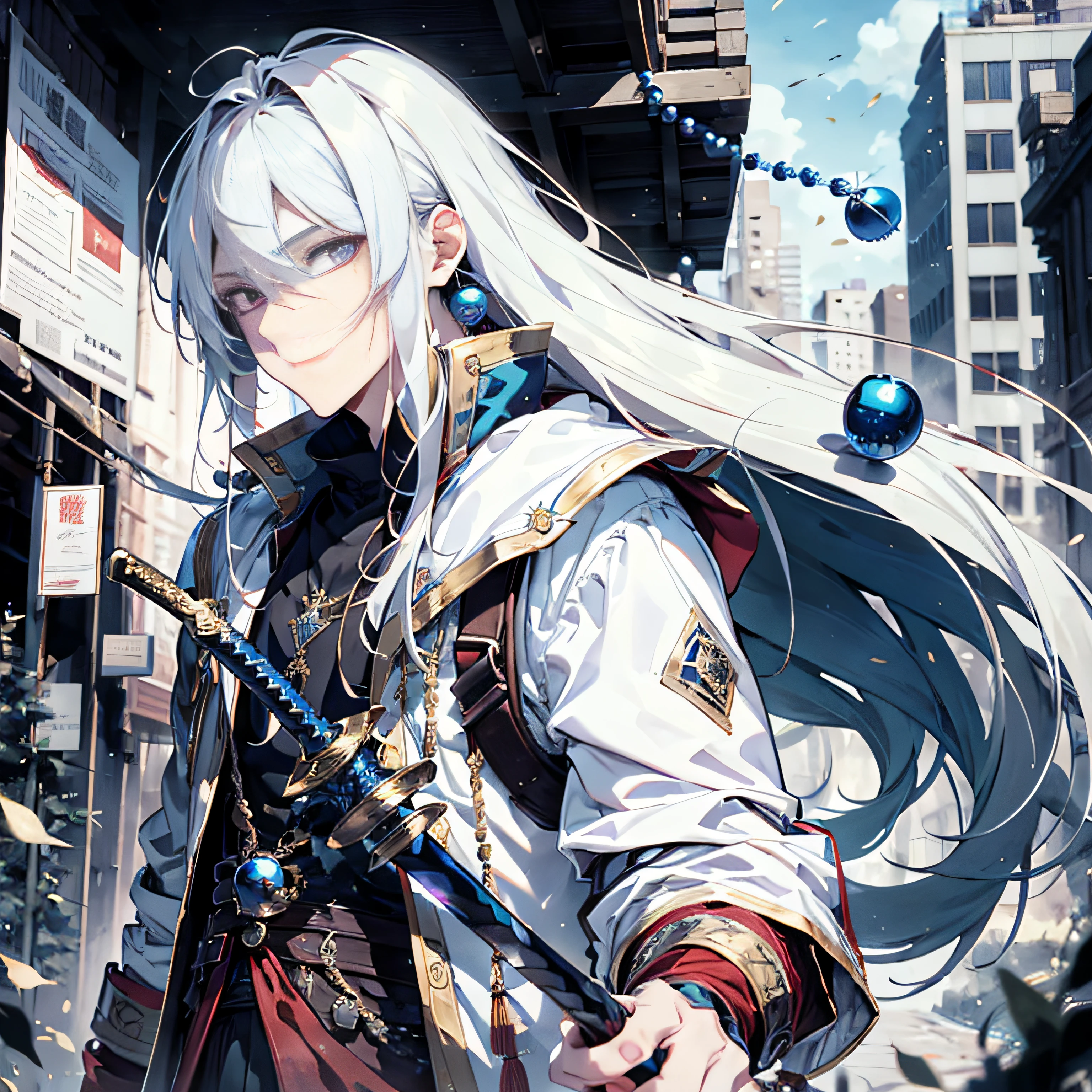 A group of men with swords,wielding,Holding a blue bead in his hand,Holding a blue bead in his hand,tmasterpiece, best qualtiy, 独奏, A boy with long white hair, red white robe, Handsome, Fine Eye, Fine Eye, finely eyes, Bright red eyes, Detailed face ruined city