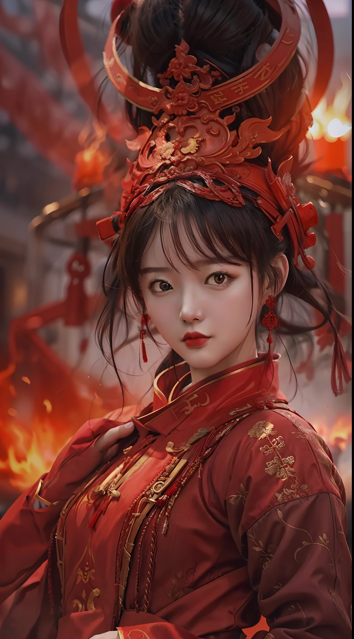 Realistic style，Fantastic screen，A Chinese woman in a red costume is preparing to enter the battle，Look into the camera，People around are fighting，fire glow，Close-up of people，Blurred background，tmasterpiece，high qulity，8K