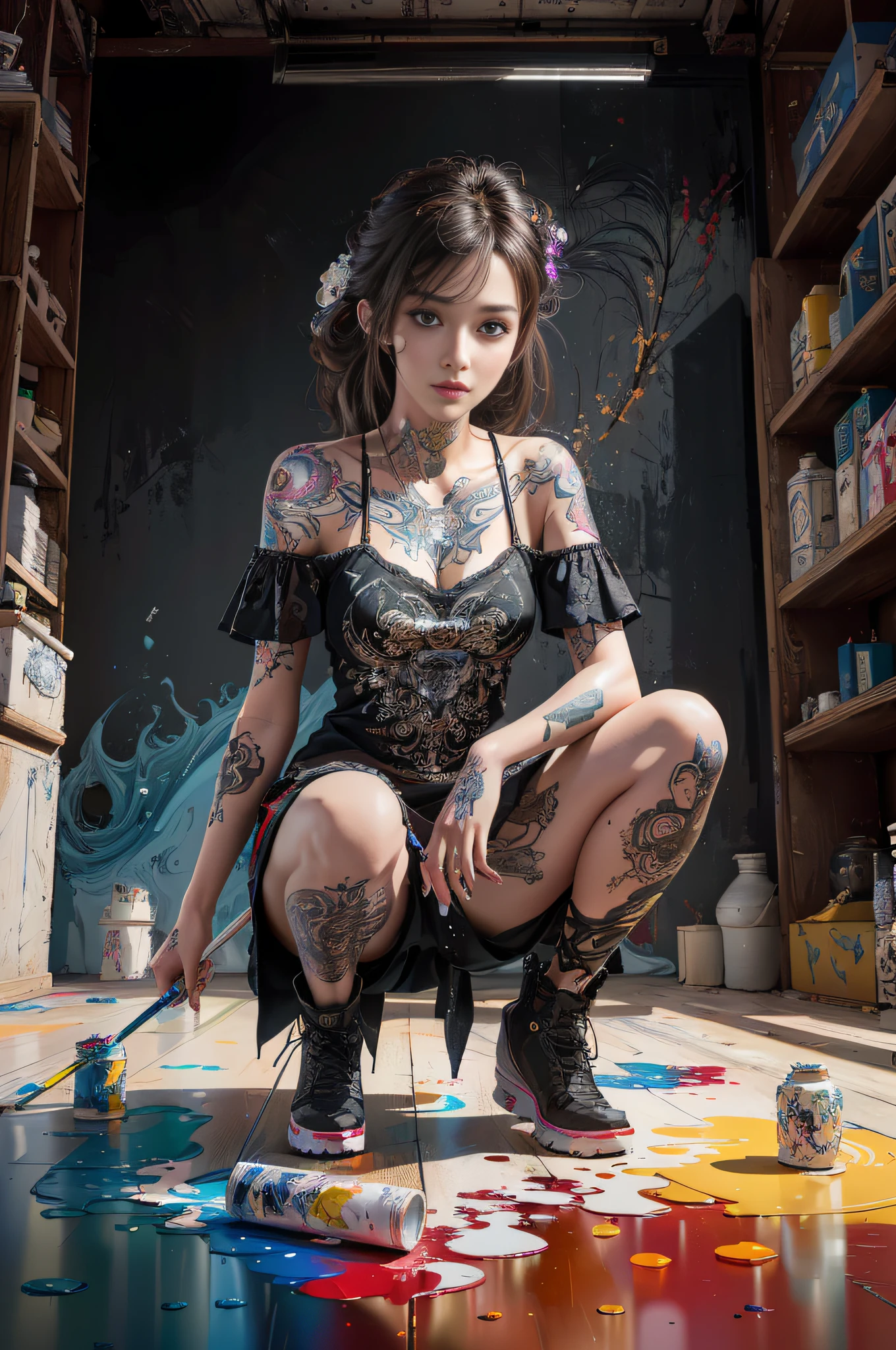 (8K, RAW photo, Best quality, Masterpiece:1.2), (Realistic, photo-realistic:1.37), Ultra-detailed,(detailed beautiful girl:1.4),Arad woman with tattoo sitting on the floor in the room，There is paint, 8K high quality detailed art, Beautiful digital artwork, intricate wlop, 4k highly detailed digital art, Cyberpunk art surreal 8K, digital painting highly detailed, Realistic digital art 4K, Realistic digital art 4 K, Detailed painting 4 K, Anime figure; Full-body art