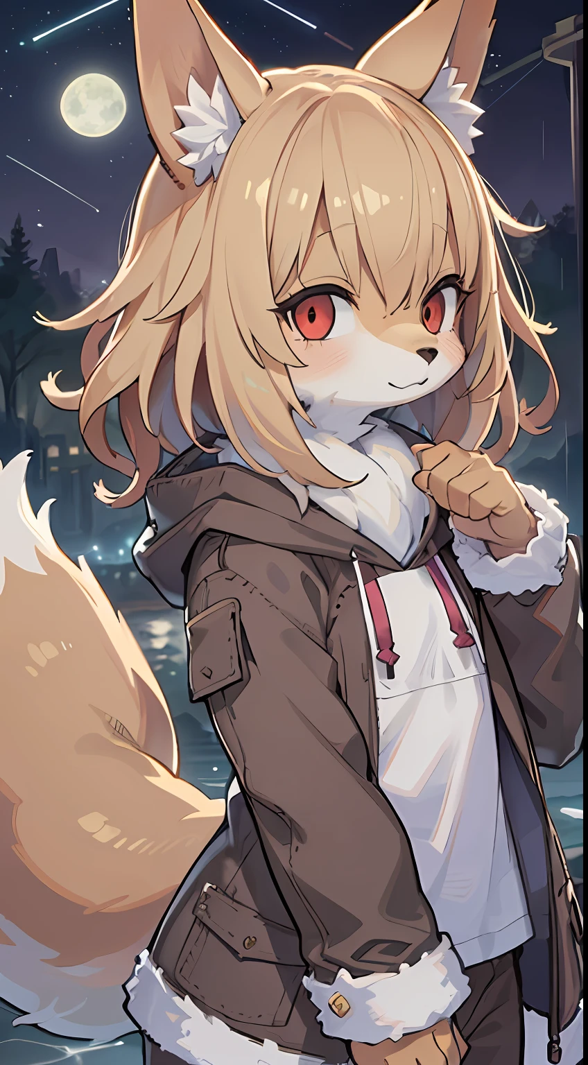 Fox Boy,Shota,hairy pubic,shaggy,Skin fur,Golden fur,Golden yellow face fur,Short straight blonde hair,Eyes have light,Red eyes,Brown elements on fur,Brown coat brown hood up,Star pattern white top,brown trousers,Beautiful lights and shadows,Ambient light,Ultra-fine fur,volumettic light,Night,natural lightting,Fluffy tail,Night,starrysky,Vast landscape,crossed bangs, Hairline, Shiny hair, lone nape hair, rainy outside,Rained,Rained,raining mood,wash off in the rain,Dilated pupils,Sleepy,(moon full:1.2),(meteors:0.9),(Starcloud:1.3),seawall(Warm light source:1.2),(glowworm:1.2), Purple and orange,Complicated details,Volumetriclighting,Realist breakthrough(tmasterpiece:1.2)(best qualtiy),4K,Ultra-delicate,(Dynamic configuration:1.4),Highly detailed and colorful details,(Irridescent color :1.2),(luminouslighting,Atmospheric lighting),dream magical,magic,(独奏:1.2)Glowing light,Empty eyes, partial underwater shot