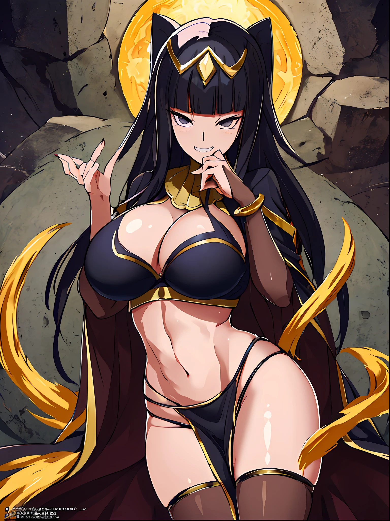 ((masterpiece:1.2)), best quality, ((extreme detail)),(ultra-detailed), anime screencap, extremely, detailed, CG, 3d, unity, 8k, wallpaper, blunt bangs, hime cut, tharja, tharja(fire emblem), ((black eyes)), black hair, long hair, (large breasts), gold loincloth, gold-lined bodystocking, gold hairband, gold collar, ((torn clothes)), lying, hand to own chin, looking at viewer, (dark aura), dark energy, black magic, wide hips, (((official art))), (half closed eyes), (full body view), ((large breasts)), ((grin)), thick thighs,