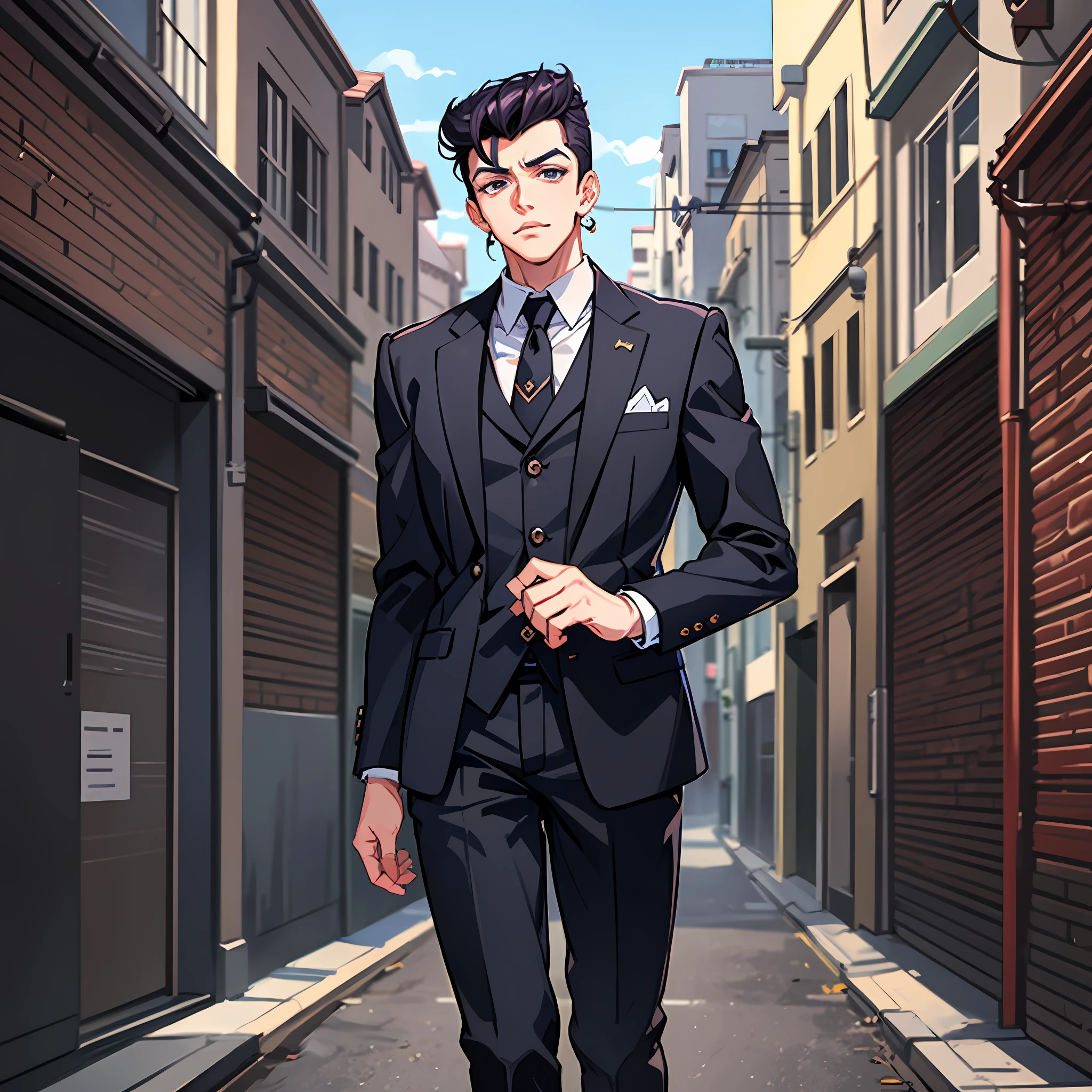 A boy in a suit, Cigars were placed on the nose of the plane,Inspired by Dongfang Josuke,Walk the quaint streets,Very arrogant expression,Evil laughter, disdain, raised eyebrow,Detailed digital anime art,Digital anime art,High quality anime art style