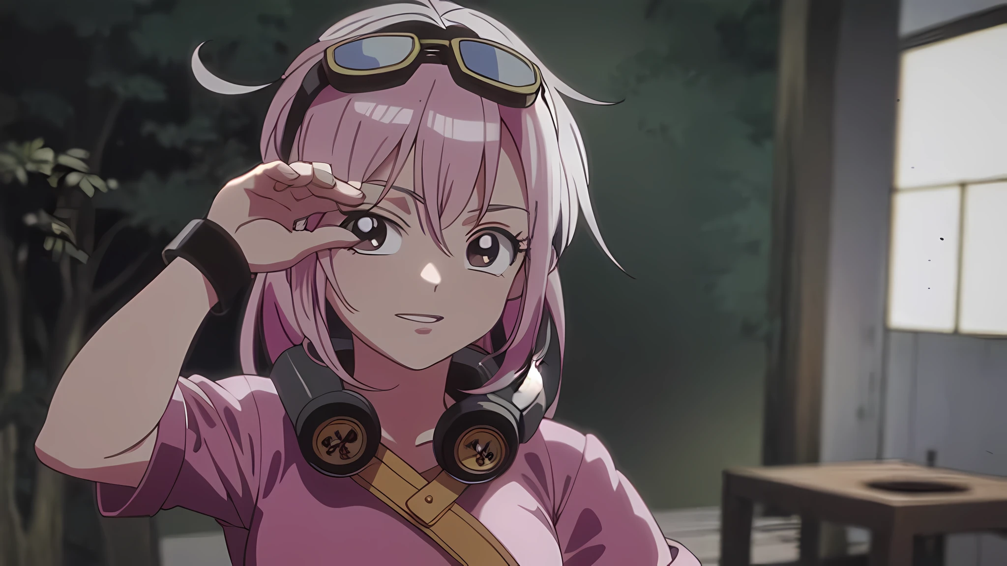 Anime girl with pink hair and goggles on her head,