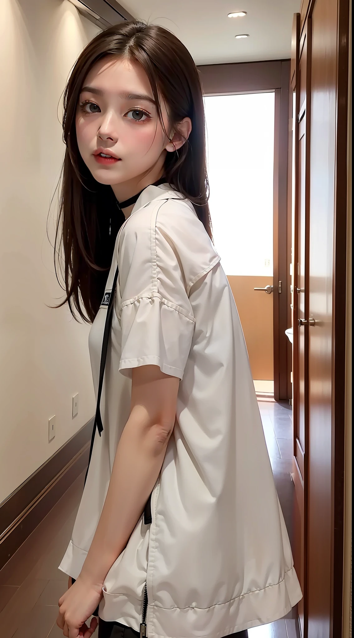 masterpiece、top-quality、Raw photo、Photorealsitic、hugetits、face lights、shinny skin、hight resolution、super detailing、Black Choker、Brown hair、long、student clothes、hallway