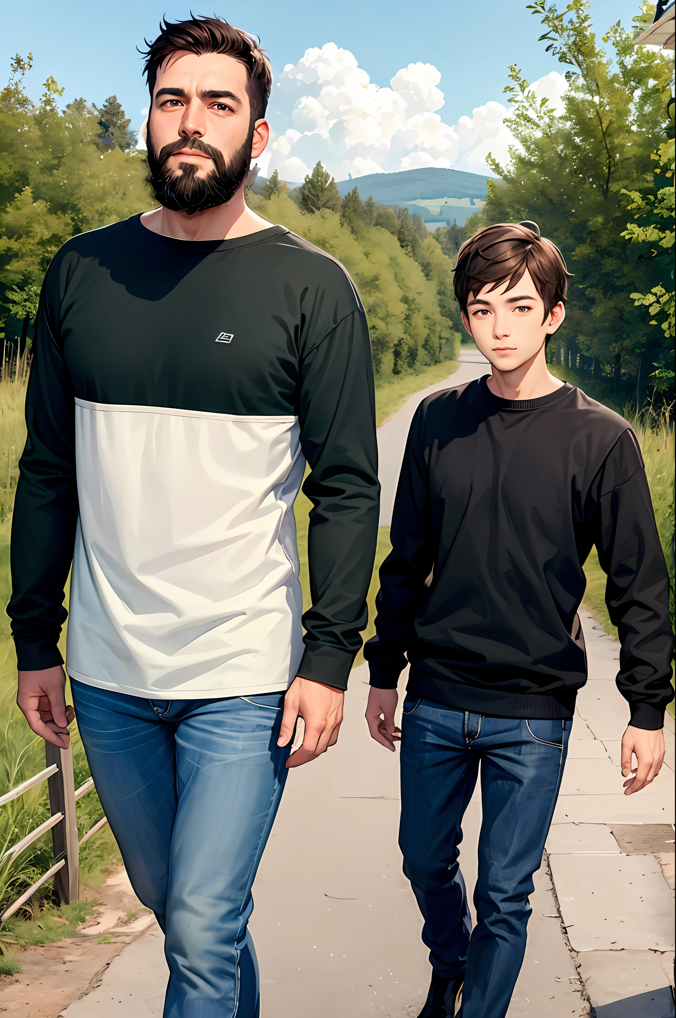 Adult man with beard and dark brown hair, dark brown eyes, black sweatshirt with green details, In the countryside, Russia