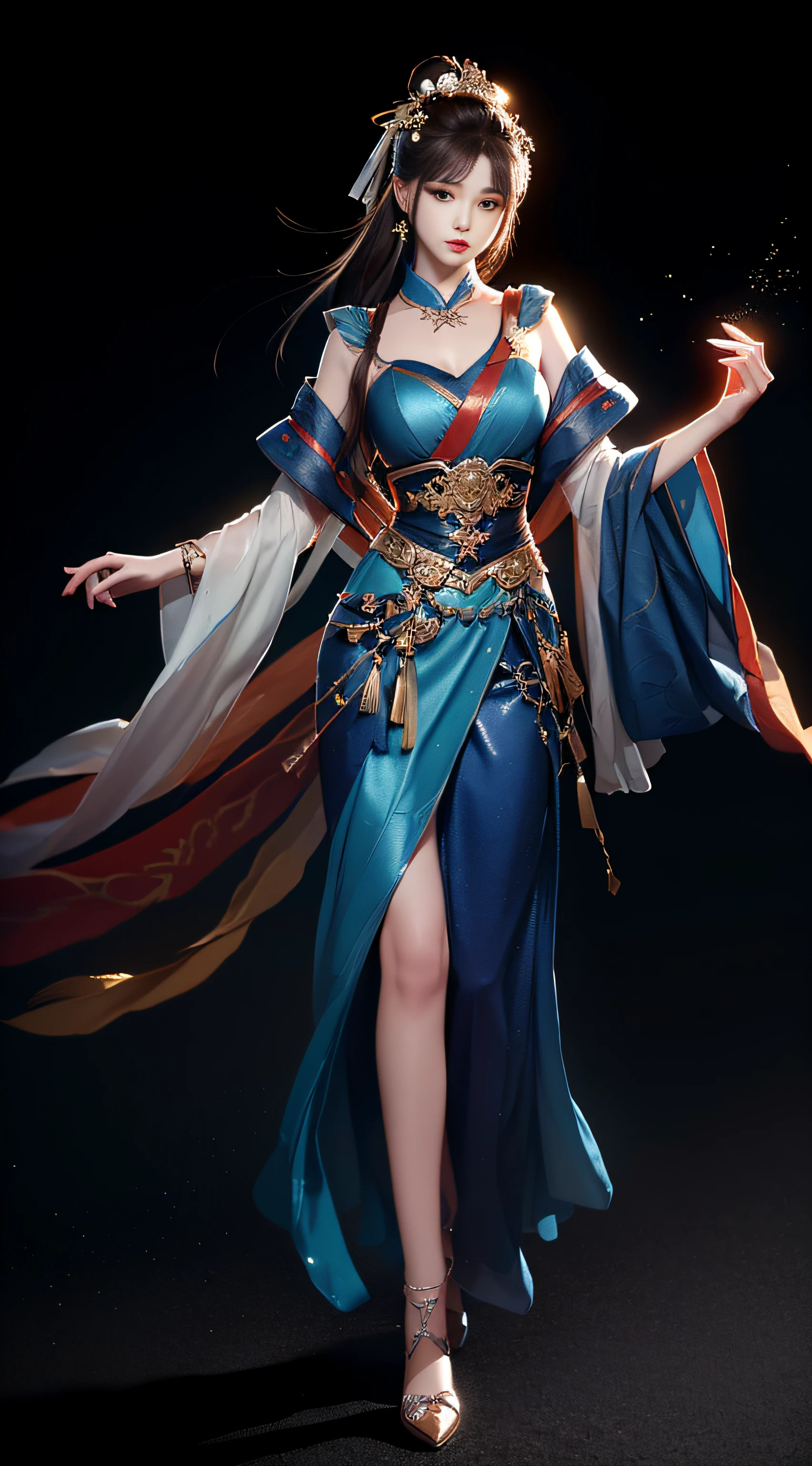 (8k, RAW Photos: 1.2), Best Quality, Illustration, Beautiful Painting, 1 Woman, Beautiful Face, Delicate Skin, Gorgeous Bun, Hair Accessories, Hanfu, Full Body, High Detail, Accent, Color Ink Painting, Splash Color, ((((colorful))), lycoris, sketch, denoising, ink splash, dramatic, cinematic, particle effects, fairy style, white background, super high resolution, best shadow, RAW, (HDR) (wallpaper) (cinematic lighting) (sharp focus), masterpiece, (Very detailed CG unified 8k wallpaper)