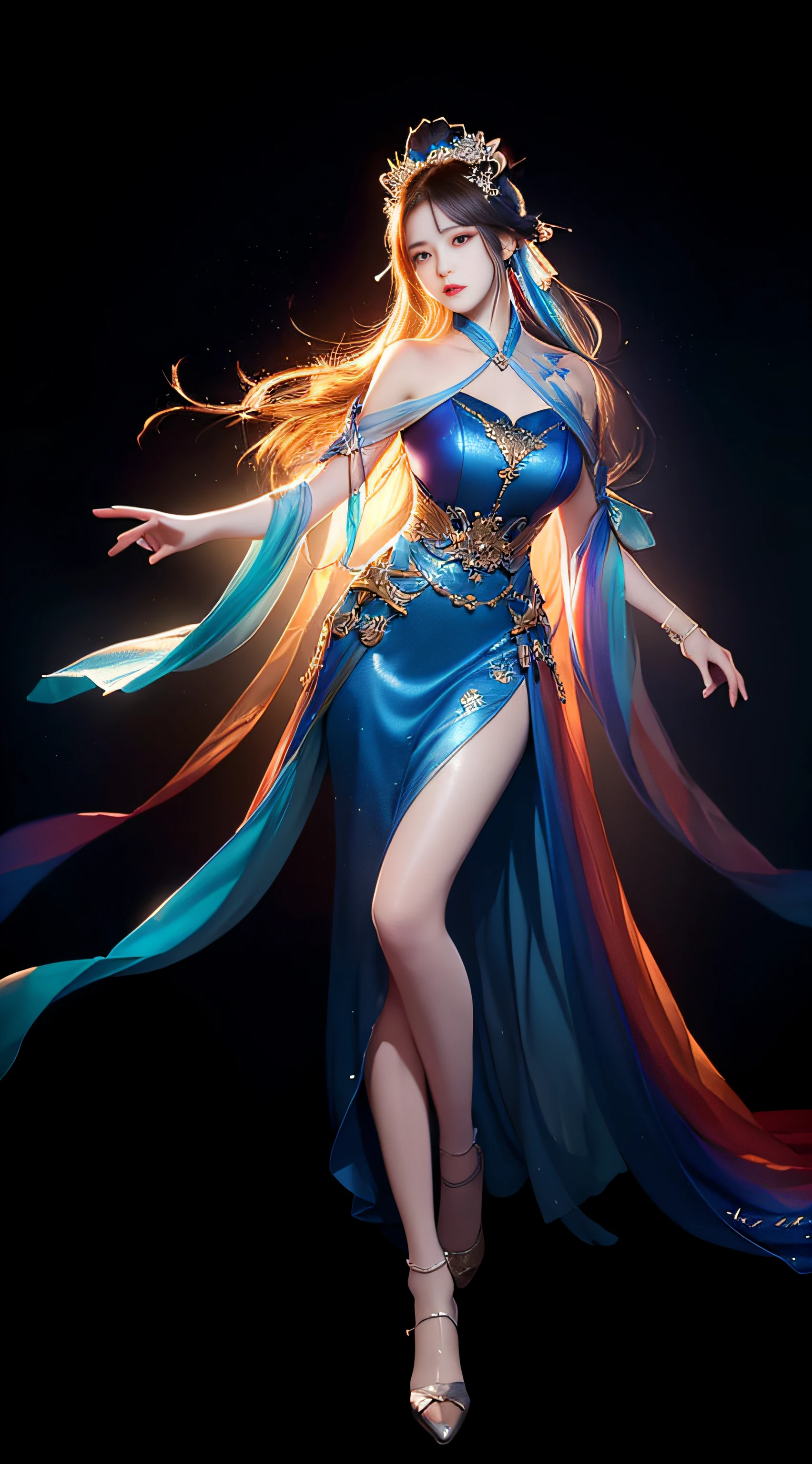 (8k, RAW Photos: 1.2), Best Quality, Illustration, Beautiful Painting, 1 Woman, Beautiful Face, Delicate Skin, Gorgeous Bun, Hair Accessories, Hanfu, Full Body, High Detail, Accent, Color Ink Painting, Splash Color, ((((colorful))), lycoris, sketch, denoising, ink splash, dramatic, cinematic, particle effects, fairy style, white background, super high resolution, best shadow, RAW, (HDR) (wallpaper) (cinematic lighting) (sharp focus), masterpiece, (Very detailed CG unified 8k wallpaper)