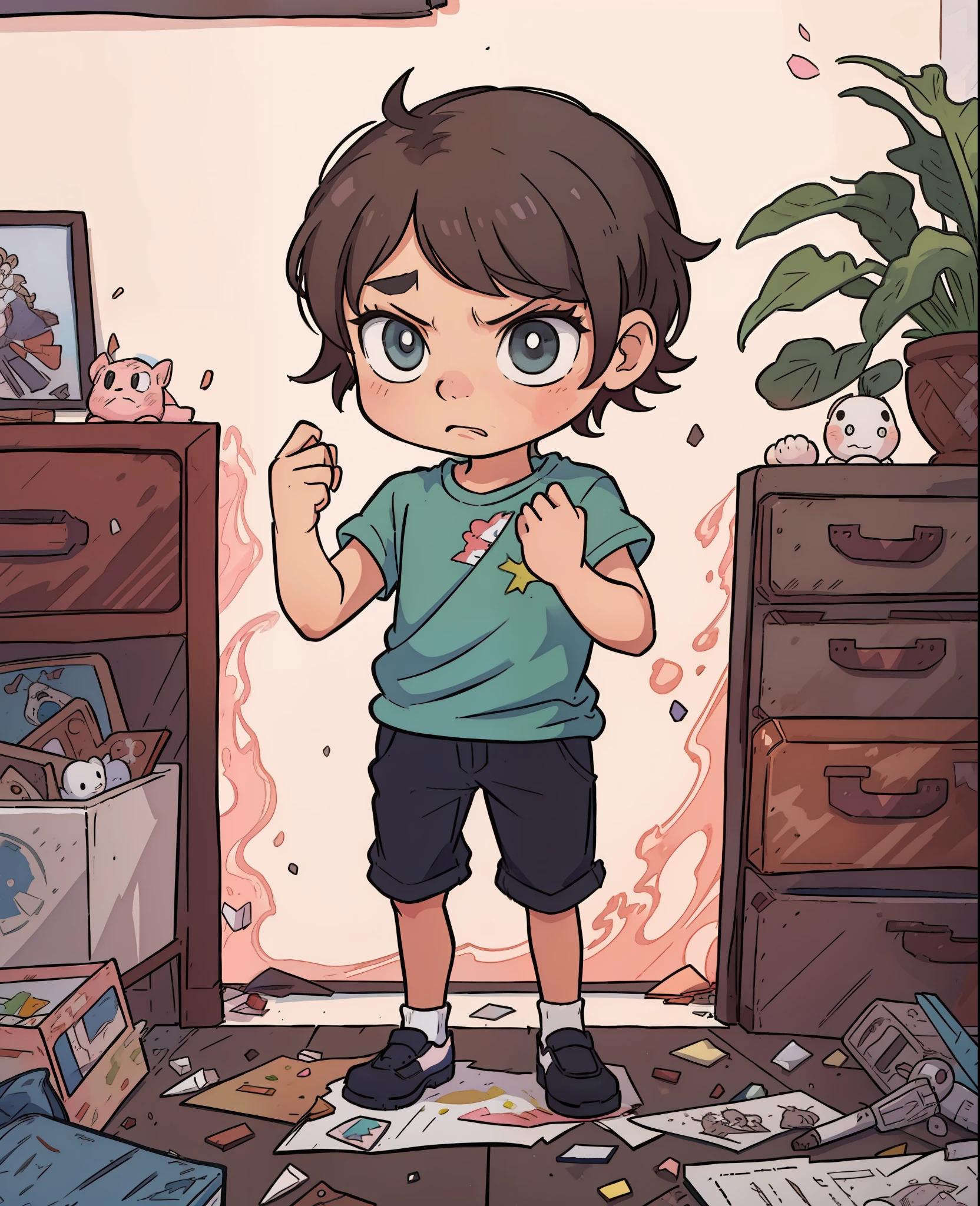 Cartoon boy throws things in a messy room in anger，Expression of anger，Children's picture books，Children's storybook illustration，High-quality fanart, Detailed fandom, childrens art in artstation, official fanart, 2D illustration, Illustration of 2D, cute artwork, cel - shaded art style, [forgetful], Shading!!!