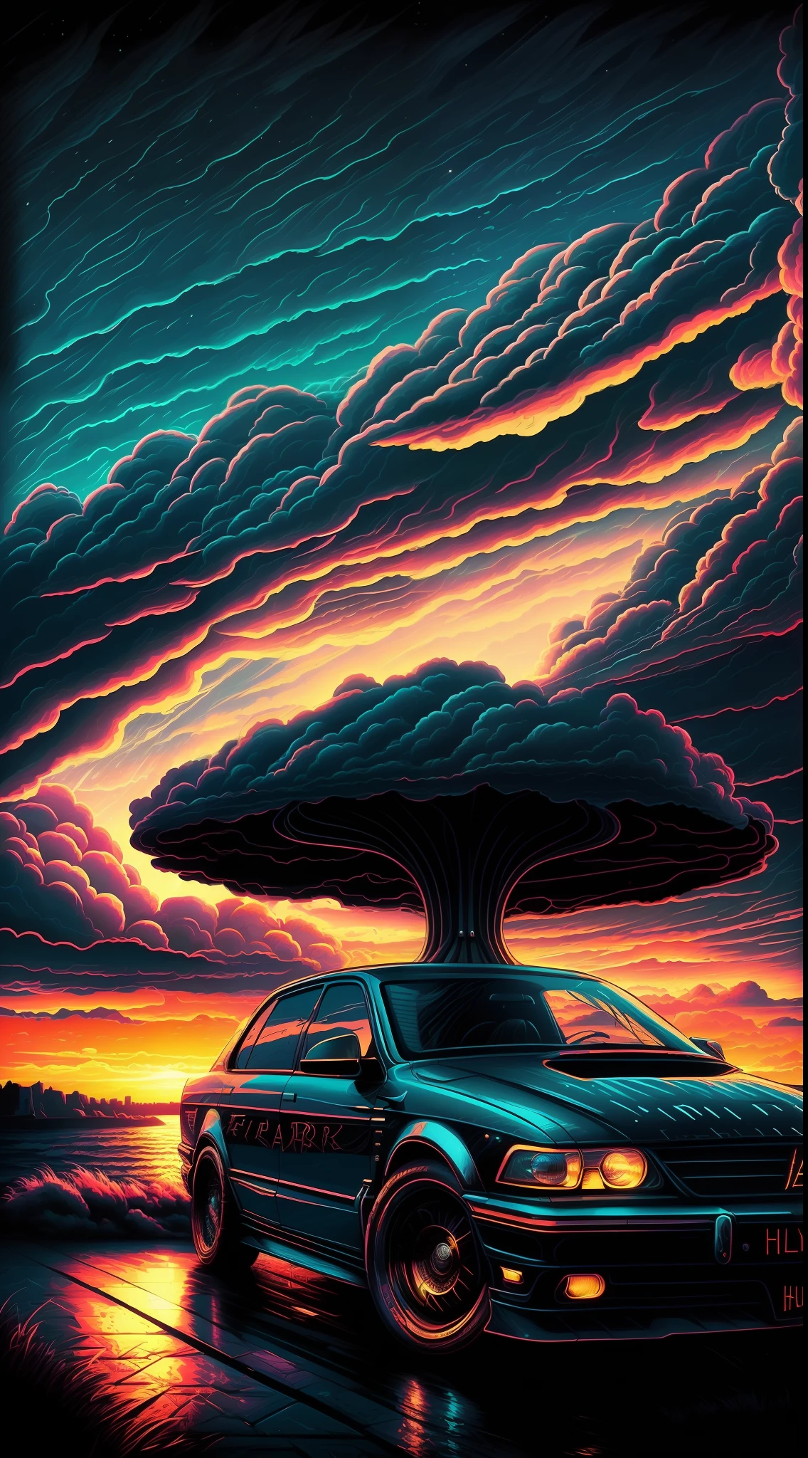 (Annotation:1.2) frontal view (Farari Car, beautiful clouds, the night:1.1) portraite of a, an artistic, Sharp, Dark art;, (Dan Mumford style:1.3), HDR, 真实感, cinematic atmosphere, Lovecraft style, (JimJorCrafLogo Design Style:1.4).