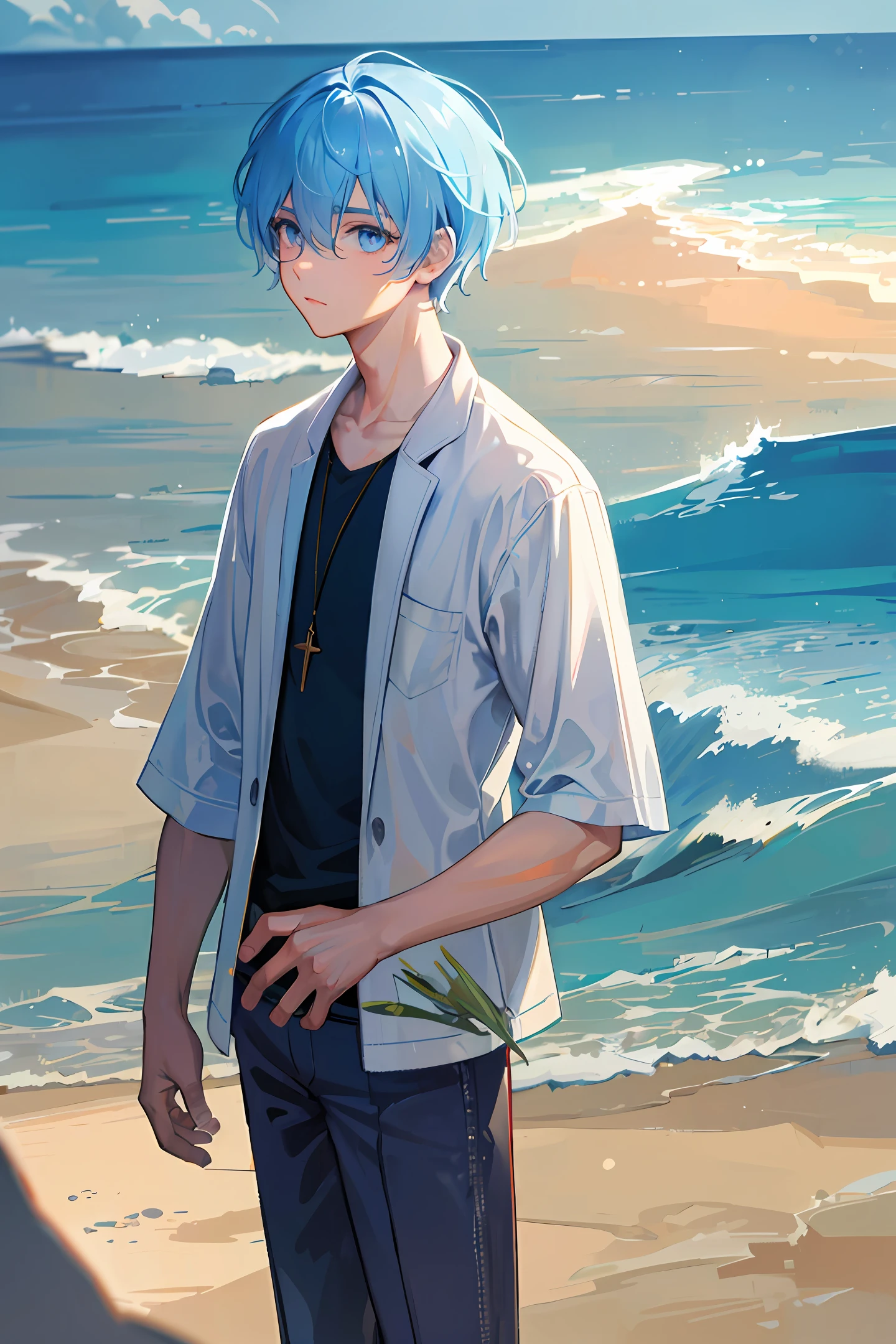 Boy, Baby blue hair, blue eyes, white shirt, blue waiter vest, blue jeans, sneakers, masterpiece, best quality