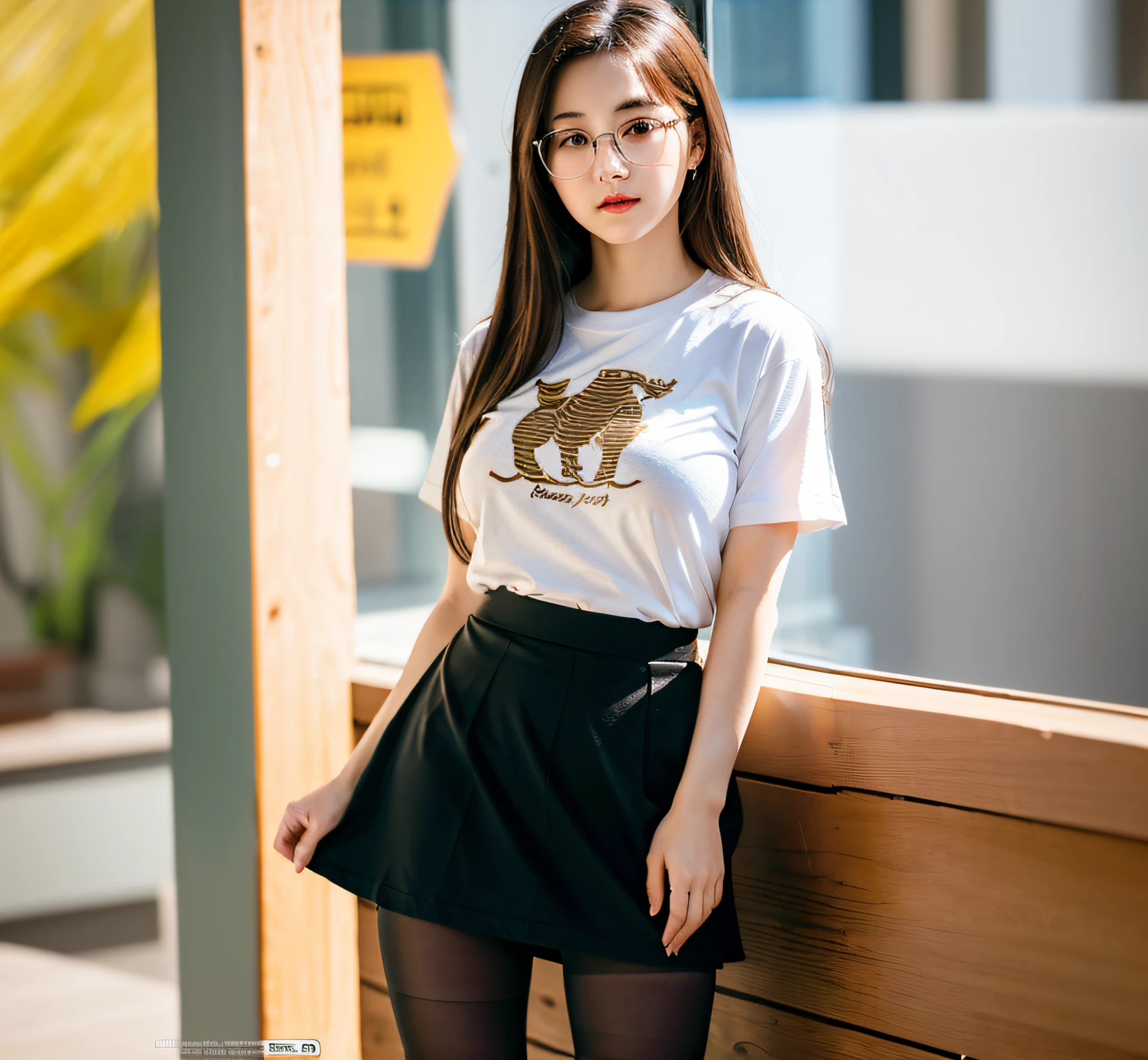 araffe girl in a white shirt and black skirt posing for a picture, white trendy clothes, ( ivory black ), korean women's fashion model, graphic tees, short sleeves, full product shot, official product image, gold shirt, trendy clothes, heonhwa choe, korean girl, jaeyeon nam, white t - shirt, white t-shirt, wide image