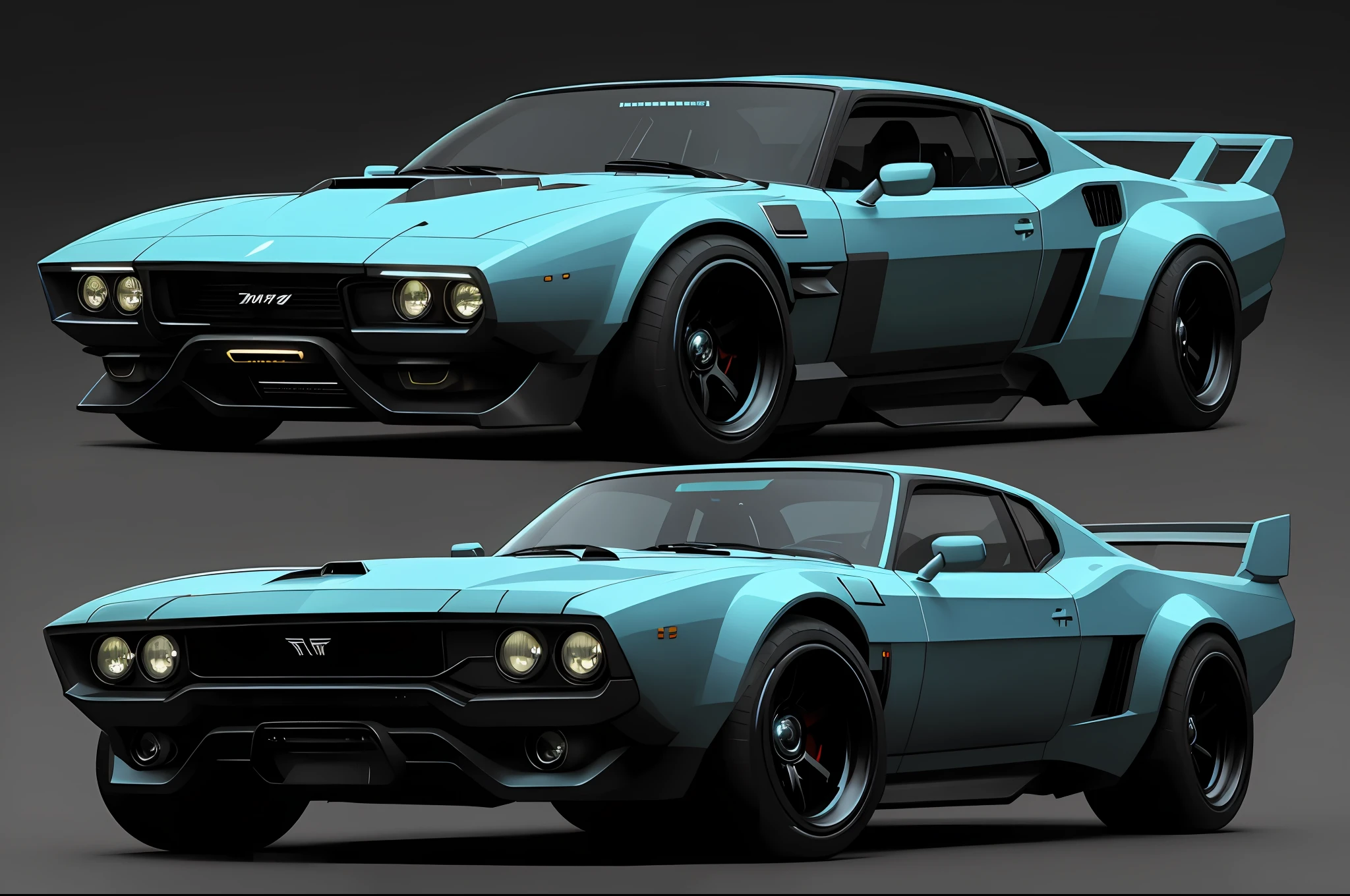 1 car, a 3/4 front view of ((futuristic cyberpunk hotrod zeekars)) (with glowing tires), at the parking lot