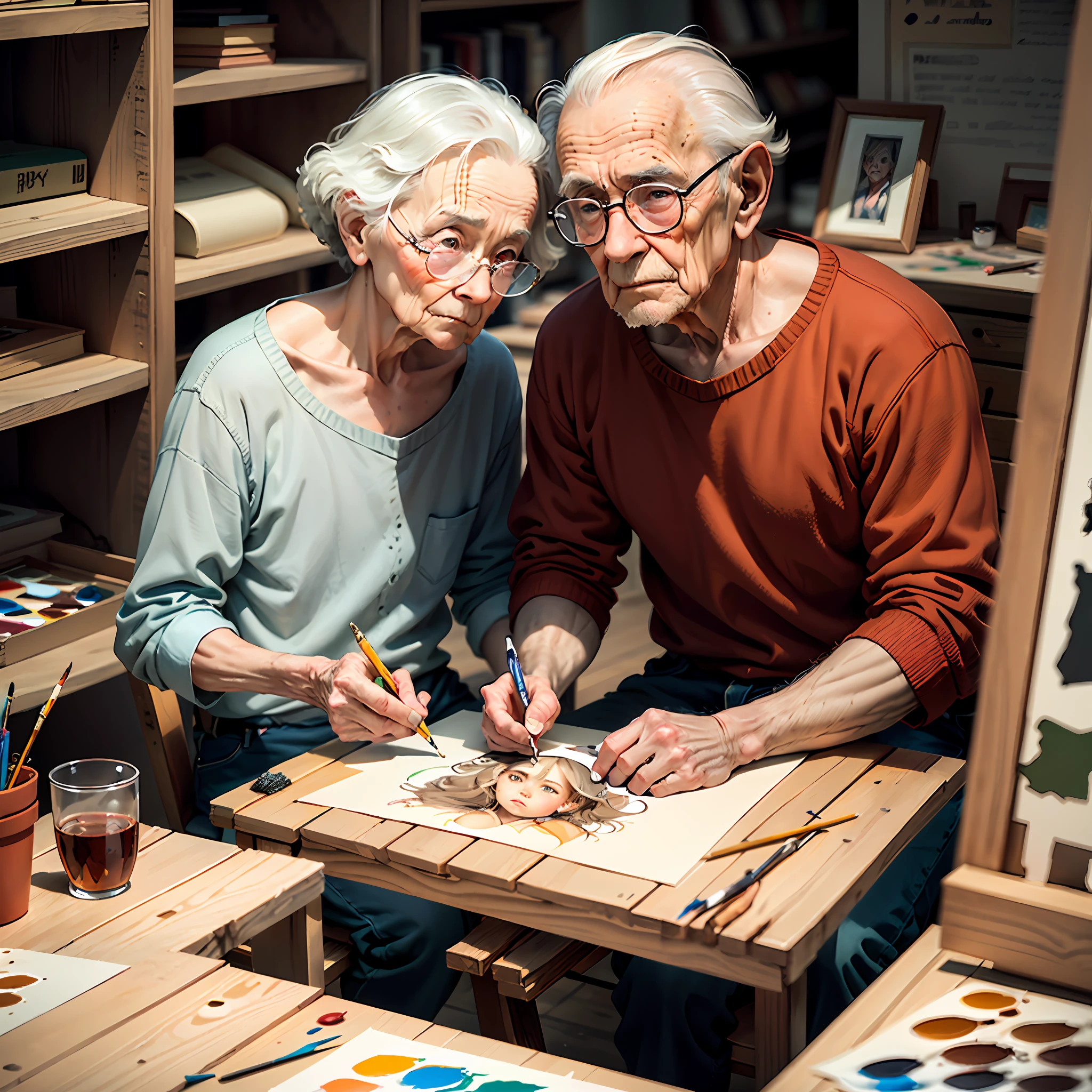 Once upon a time in a quaint little town, there were two characters named Alice and Ben. Alice was a young woman with a heart full of dreams and a passion for art. She loved to paint and draw, and her imagination knew no bounds. On the other hand, Ben was an elderly man, kind and wise, with a lifetime of experiences etched on his face. He had been a carpenter all his life, crafting beautiful wooden masterpieces.--ar 3:2