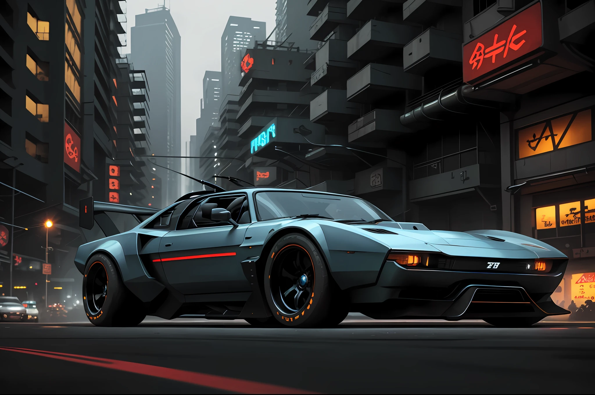 1 car, a 3/4 front view of ((futuristic cyberpunk hotrod zeekars)) (with glowing tires), at the parking lot