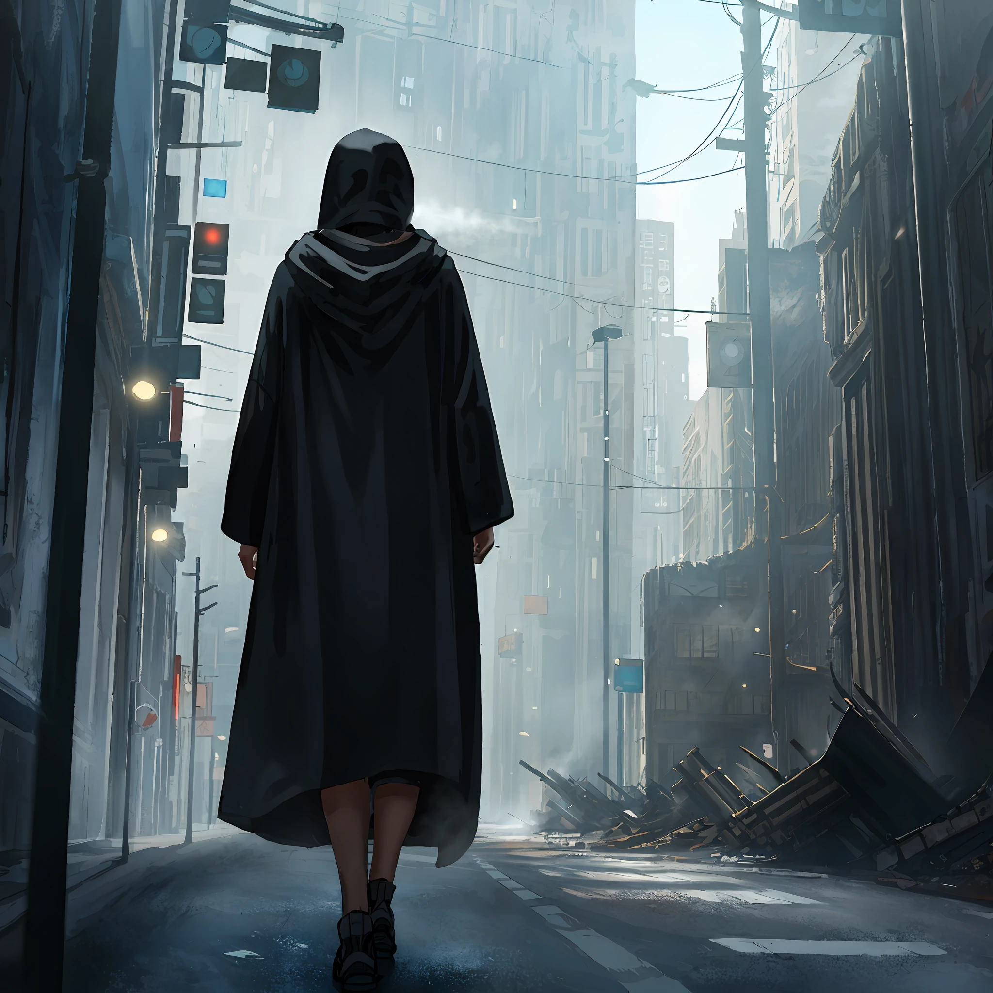 There was a man walking down the street wearing a black cloak, gothic city streets behind her, Stylized urban fantasy artwork, wearing sci - fi cloak with hood, cyberpunk anime girl in hoodie, Dystopian digital concept art, urban concept art, in a post apocalyptic city, traversing a shadowy city, in a futuristic cyberpunk city, Back in a cyberpunk-inspired city