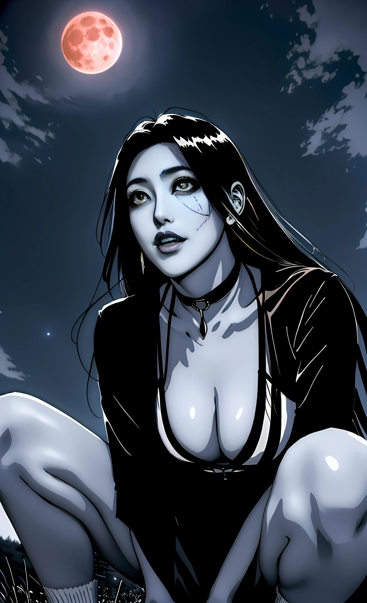 (beste-Qualit), (tmasterpiece), (Gloomy color scheme:1.5), (( The Girl From Below, Squatting)), 1girl, androgynous vampire, junji ito 4 k, with long dark hair, ito junji art, style of junji ito, Dark Costume, portrait of sadako of the ring, Gentle androgynous princess , Beautiful androgynous princess , with her long black hair, Nude Girl, (big yellow eyes:1.3), fangs, detailing, (generous cleavage), Burst breasts, extra high resolution, 8K, (The blood on her lips runs down her neck), (Lovely Medium Breasts), perfect anatomy, (Gloomy color scheme:1.5), (shapely body), Microthongs, Beautiful slender legs, sexypose, white socks, Short socks, (Looking down), (The gaze is directed downwards), (Night Sky Background: Red Moon)