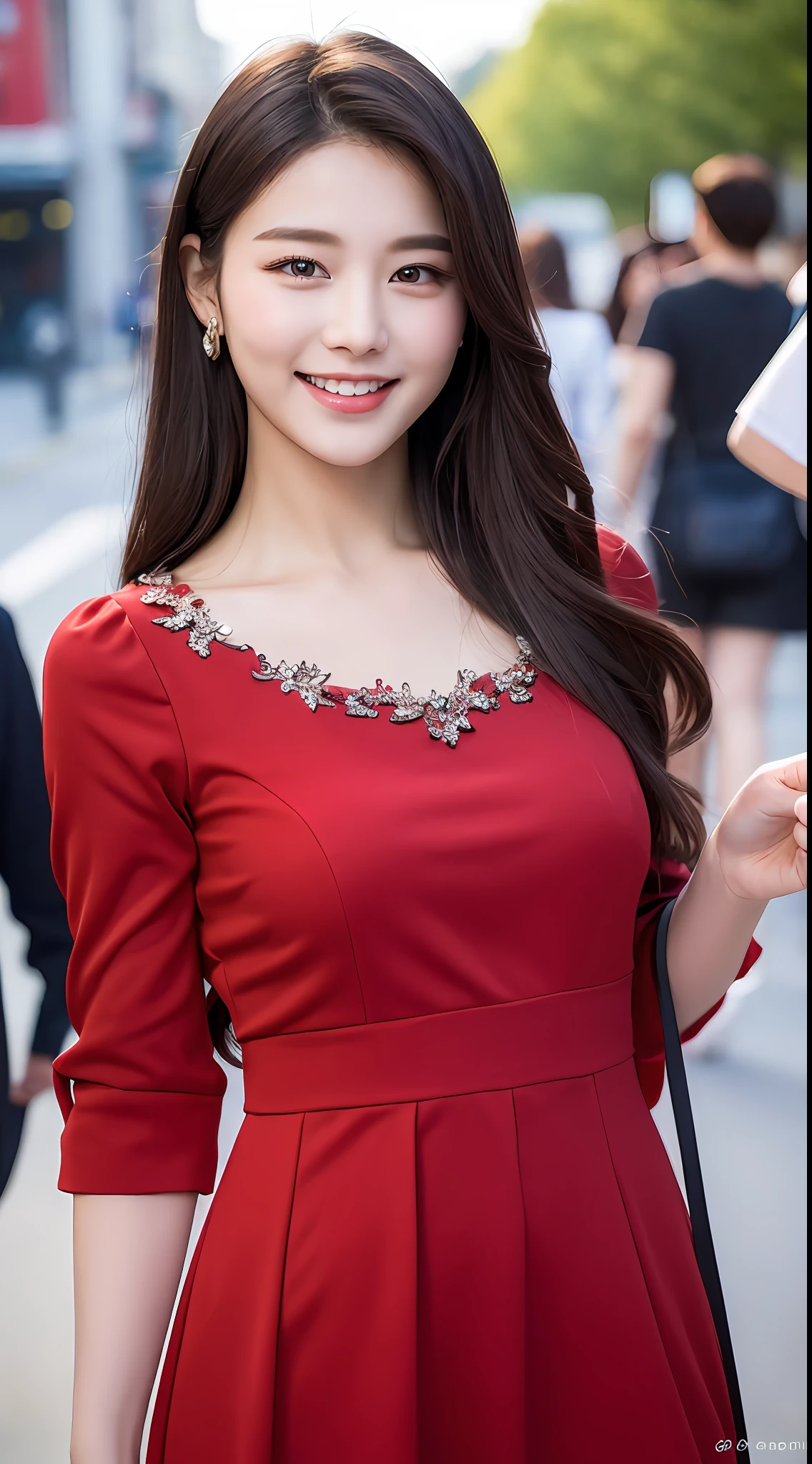 ((Best quality, 8k, Masterpiece :1.3)), 1girl, smiling, full body, slim face, Pretty woman, (Dark hair), full length red dress :1.1, Ultra-detailed face, Detailed eyes, Double eyelid,  blur background, slim face, city, outside, street,