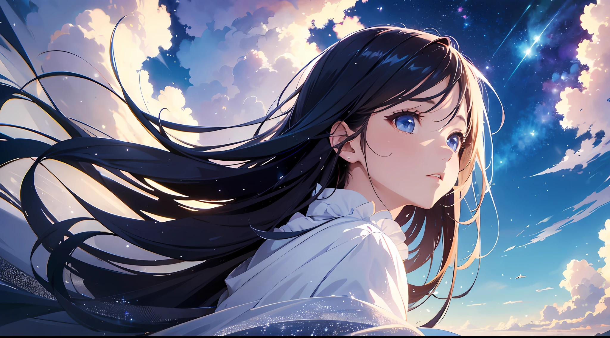 absurdity, high resolution, (official art, beautiful and aesthetic: 1.2), close view,
sparkling sky, vast world, girl, gazing, awe-inspiring expression, distant horizon, clouds, high hill, natural beauty, inspiration, light effect, from behind, from below,