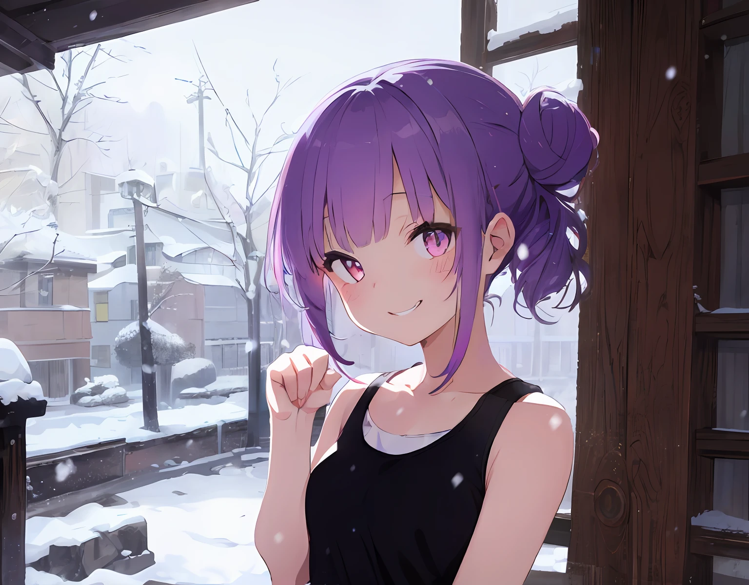 masterpiece, best quality, ultra-detailed, illustration, an extremely delicate and beautiful, cute, 1girl, solo, paw pose, purple hair, amber eyes, tank top, snowing, giggling