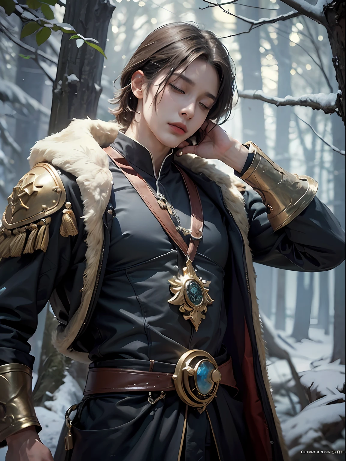 (More than half body) (closed eyes), 1man, God of Frost, king, solo focus, adult, pale and young adult face, short black hair, black silk robe with golden lining,  napping under a shady tree, frost forest, realistic, dynamic pose realistic, detailed and correct facial structure, blades ornaments, LEON S. KENNEDY, handsome, attractive, slightly muscular, cinematic lighting, unreal engine, trending on ArtStation, intricate details,  masterpiece, best quality, by Irakli Nadar, Greg Rutkowski，(((best quality))),(((ultra detailed))),(((masterpiece)))