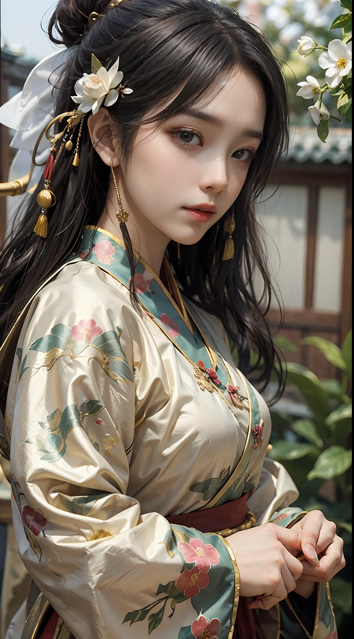 (Daisaku),(Need),(Super meticulous),best qualtiy,tmasterpiece,A high resolution,Close-up of a girl in red and gold Hanfu, Trend of CGsociety, Fantasy art, Courtyard background of ancient Chinese architecture,Beautiful girl, Hanfu, dance,Wearing ancient Chinese clothes, Chinese costume, with acient chinese clothes, Traditional beauty, Chinese style(Delicate facial portrayal)(Fine hair portrayal)(highest quality)(Master masterpieces)(High degree of completion)(bust)(a sense of atmosphere)(faeries)8k wallpaper,tmasterpiece,Best quality at best,ultra - detailed