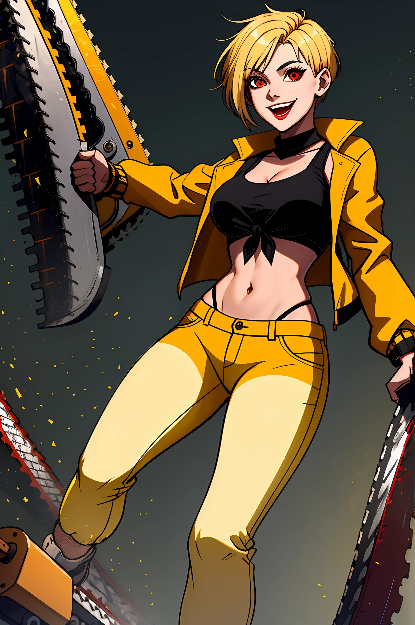 1 girl with a chainsaw in her hands, Work pants, Yellow short hair, The jacket is tied at the waist, Black Top, You can see the navel, red-eyes, madwoman, Manic Smile Crazy Eyes