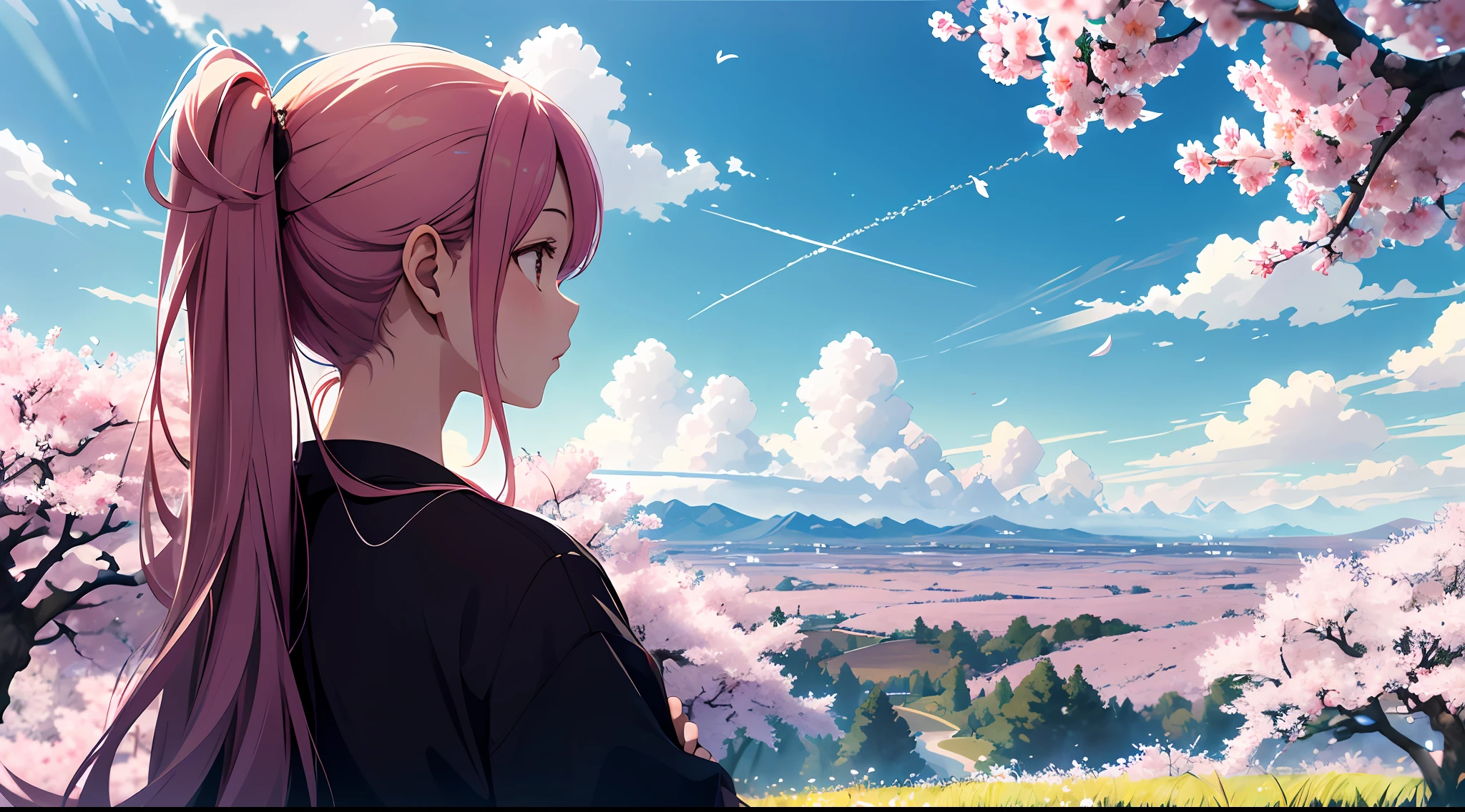 absurdity, high resolution, (official art, beautiful and aesthetic: 1.2), close view,
sparkling sky, vast world, girl, gazing, awe-inspiring expression, distant horizon, clouds, cherry blossoms fluttering, high hills, natural beauty, inspiration, light effect, from afar, from behind,