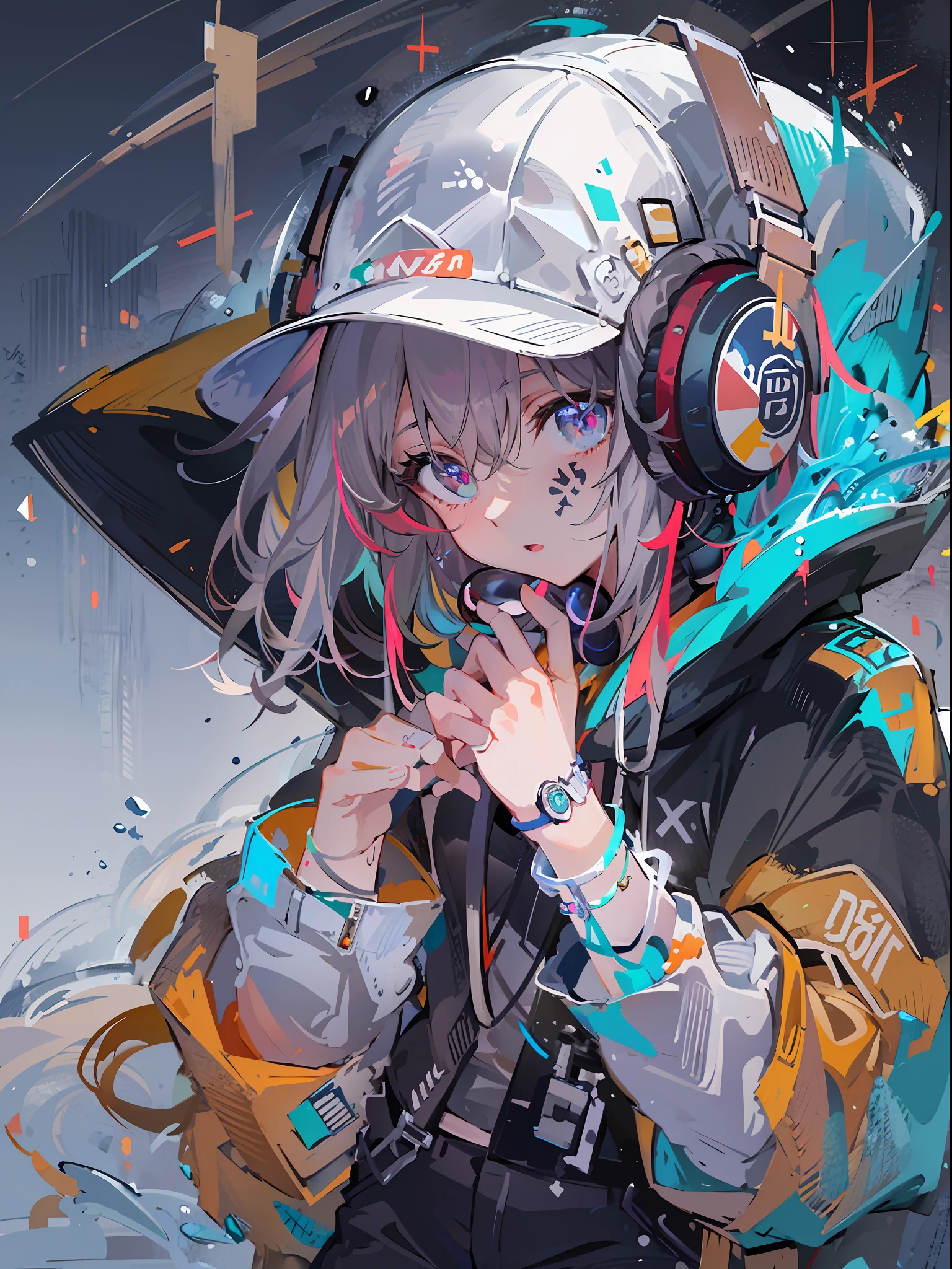 8K分辨率、((top-quality))、((masterwork))、((ultra-detailliert))、1 woman、独奏、incredibly absurdness、Oversized Hoodies、headphones、street、plein air、Sateen、neons、Shortcut Hair、Brightly colored eyes、Hands in pockets、shortpants、water dripping