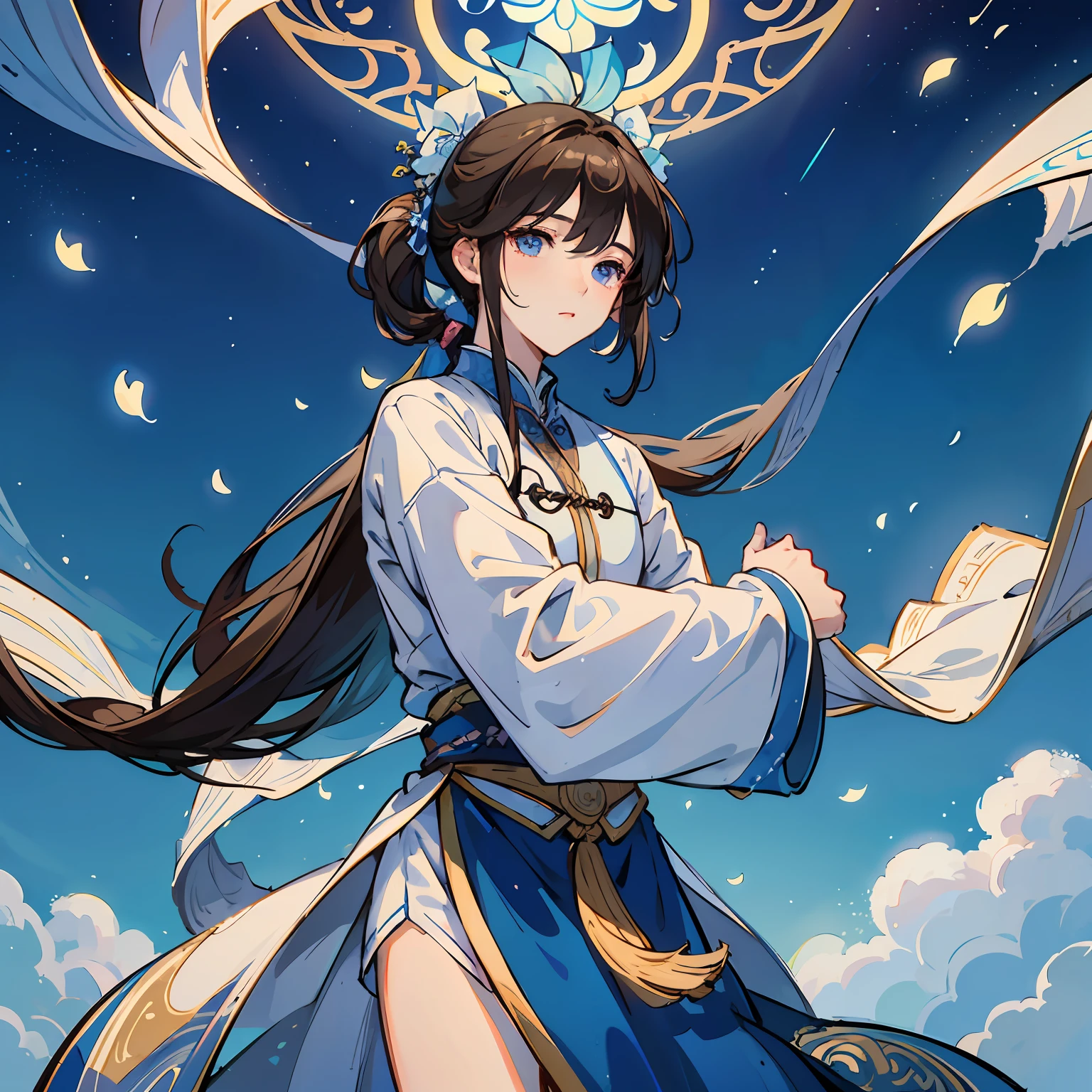 Mature boys、Brown hair、Floating hair、Delicate and flexible eyes、intricate damask hanfu、FOV、f / 1.8、Masterpiece Blue、blue open sky、flower petals flying、Frontal portrait shot、Chang'e、side lights、a person々Sunlight to、8K --auto
