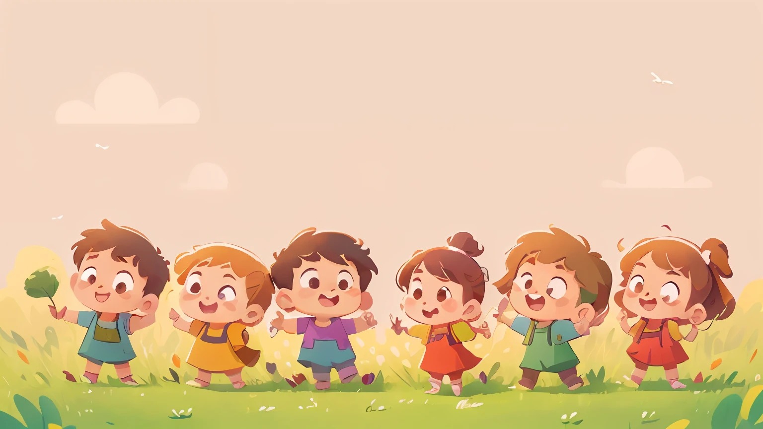 High quality illustrations in cartoon style, Use a solid background as the background, Show cute children playing in the fields,The scene is colorful,detail-rich,Extremely high resolution。
