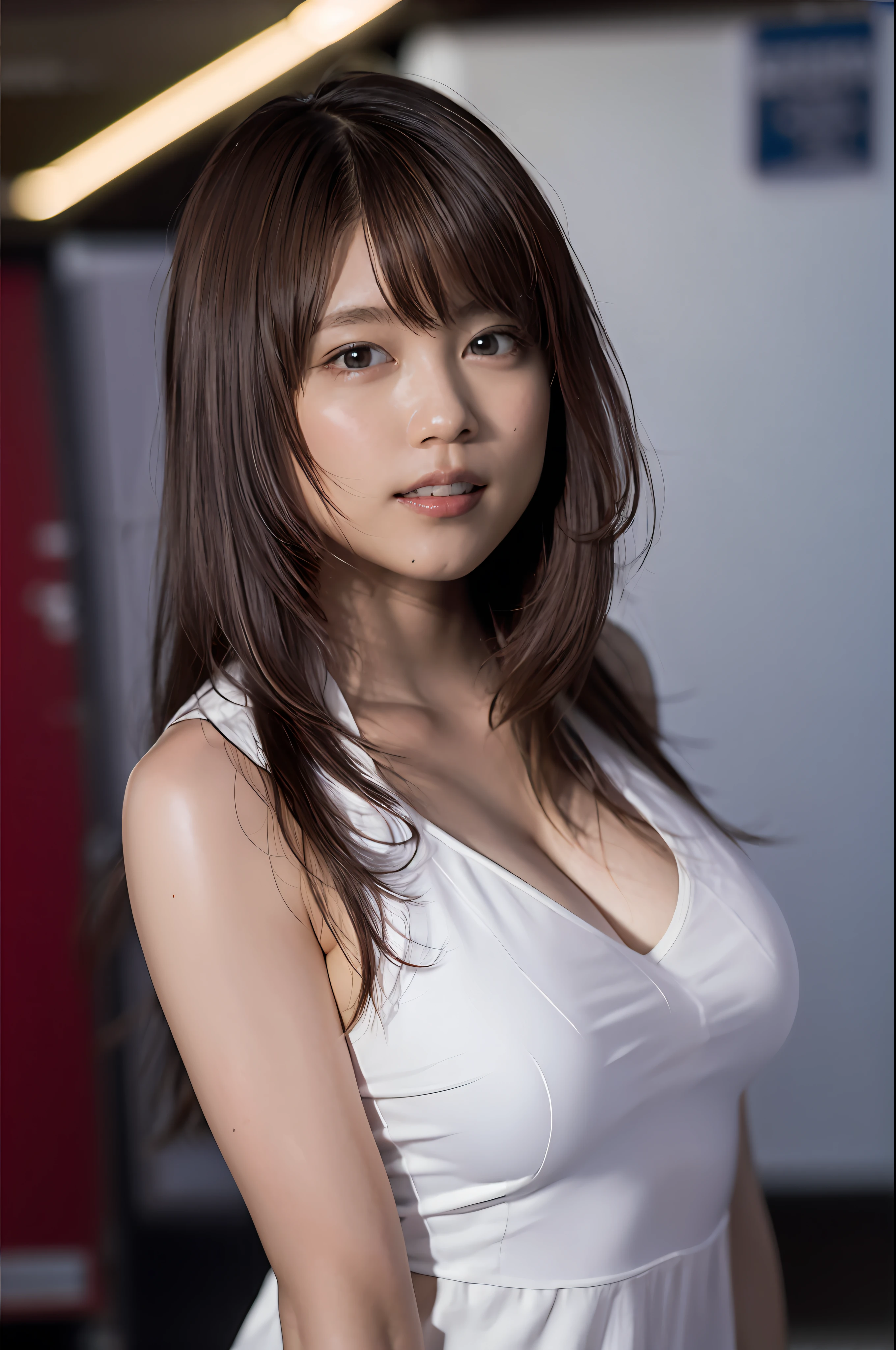 (8k, RAW photo, top quality, masterpiece: 1.2), (realistic, photorealistic: 1.37), super detail, ultra high resolution, one girl, beholder, beautiful detailed face, smile, constriction, (slim waist): 1.3), shirt, beautiful detailed skin, skin texture, floating hair, professional lighting, big breasts, kind eyes, white sleeveless, peering,sexy