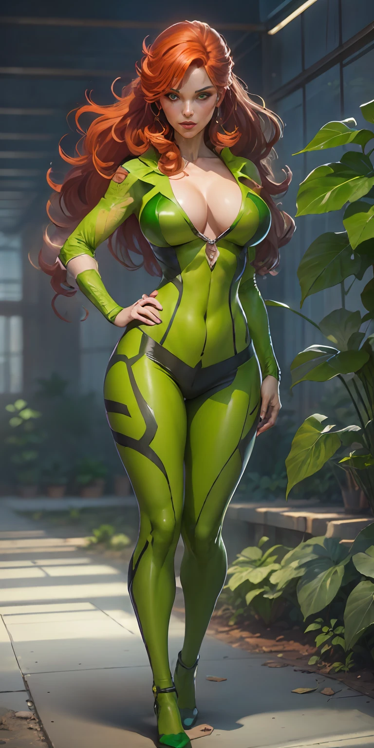 Poison Ivy from DC, big breasts, frontal, full-length, looking at the camera, facing the audience, standing pose, greenhouse background, three-dimensional light, detailed full-body concept, sleek digital concept art, beautiful full-body concept art, art trend, CGsociety full-length,