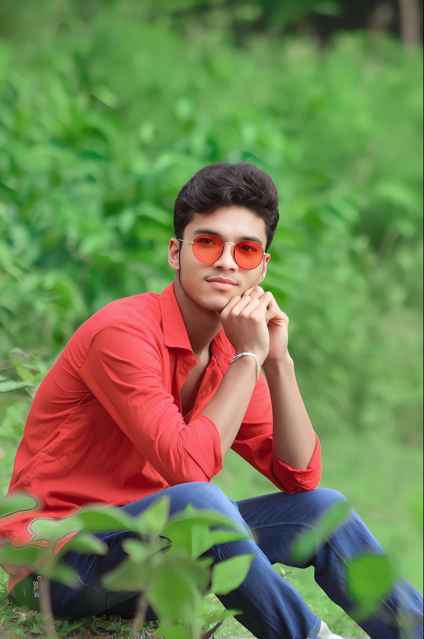 arafed man in red shirt and sunglasses sitting on a rock, modeling photography, profile photography, casual photography, candid picture, high quality portrait, outdoor fine photography, * colour splash *, riyahd cassiem, portait photo profile picture, jayison devadas, attractive pose, with a cool pose, candid photography, portrait shot
