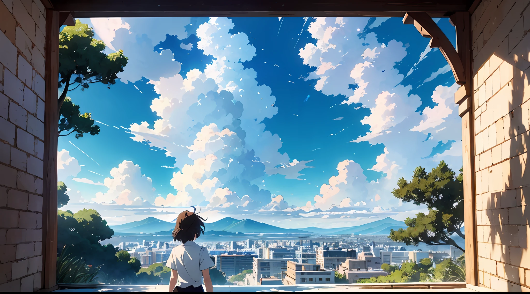 Makoto Shinkai, anime, high quality, 4K, detailed detail, high quality, masterpiece, absurdity, high resolution, (official art, beautiful and aesthetic: 1.2), close view,
sparkling sky, vast world, girl, staring, awe-inspiring expression, distant horizon, clouds, high hill, natural beauty, inspiration, light effect, wide shot, from afar,