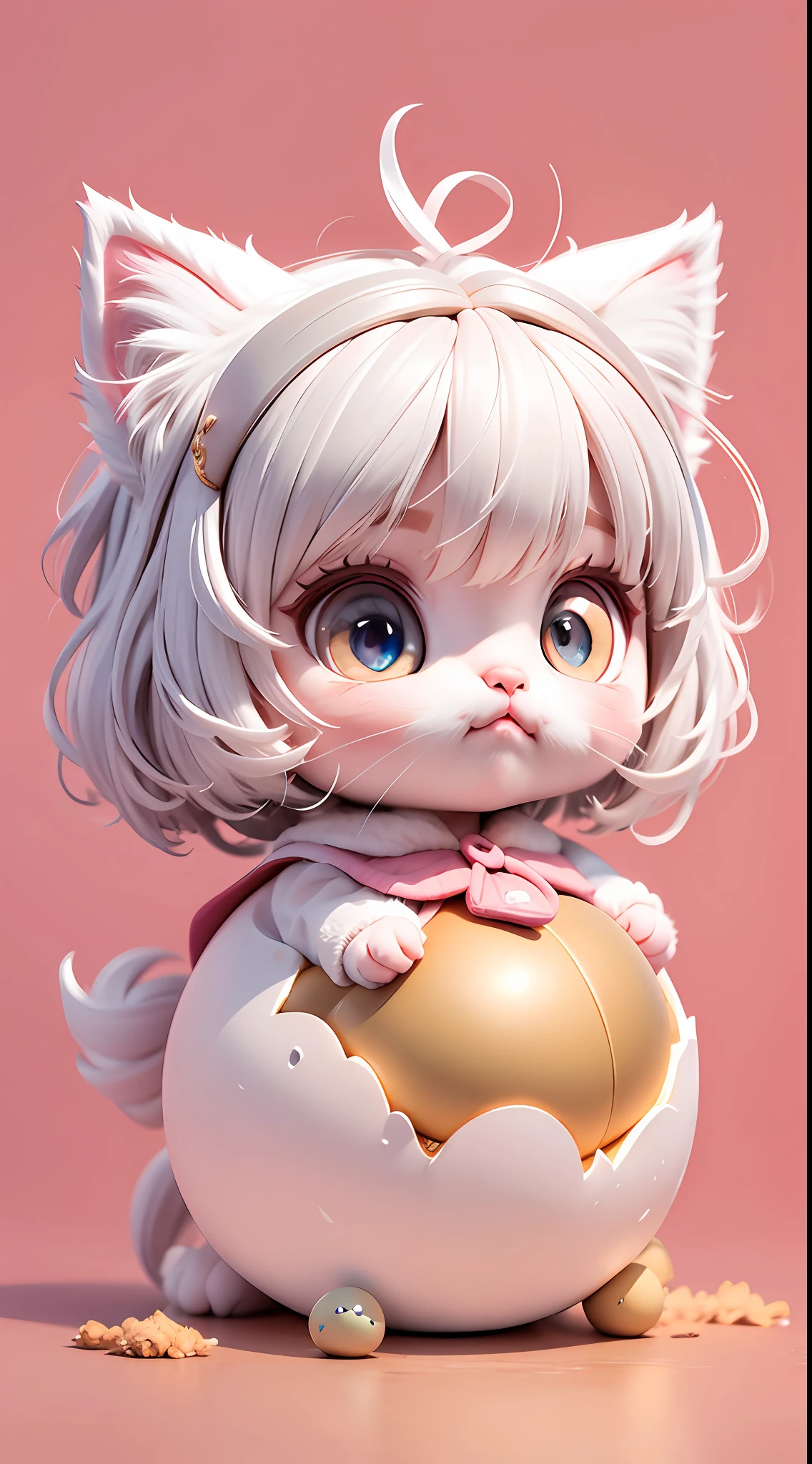 A white-haired kitten，adolable，spherical，afloat，shaggy，Big eyes，Non-human，In pink，Simple，Morandi color system