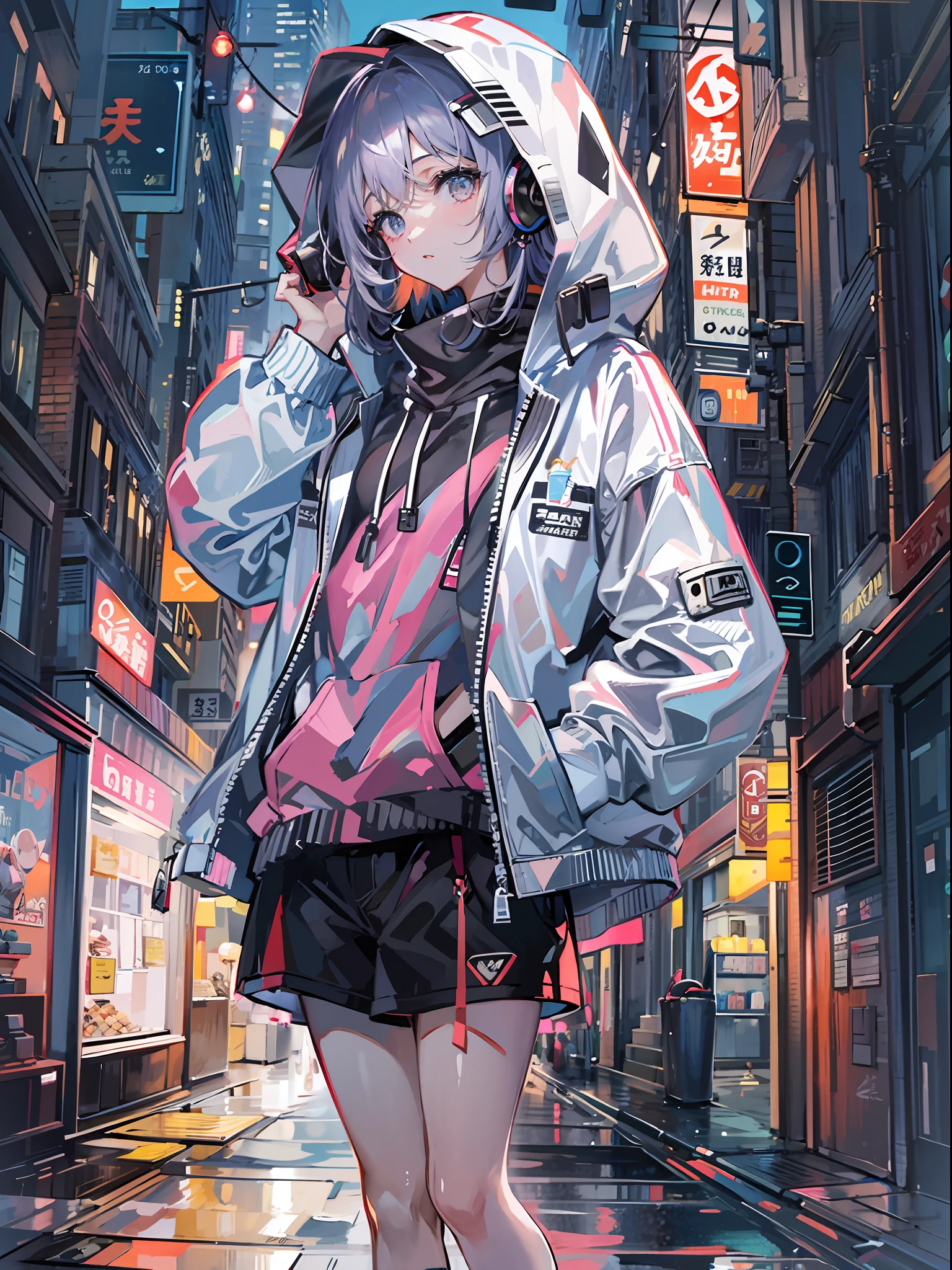 8K分辨率、((top-quality))、((masterwork))、((ultra-detailliert))、1 woman、独奏、incredibly absurdness、Oversized Hoodies、Shortcut Hair、Brightly colored eyes、Hands in pockets、shortpants、A masterpiece of water drops、1 woman、parka、headphones、street、plein air、Sateen、neons、