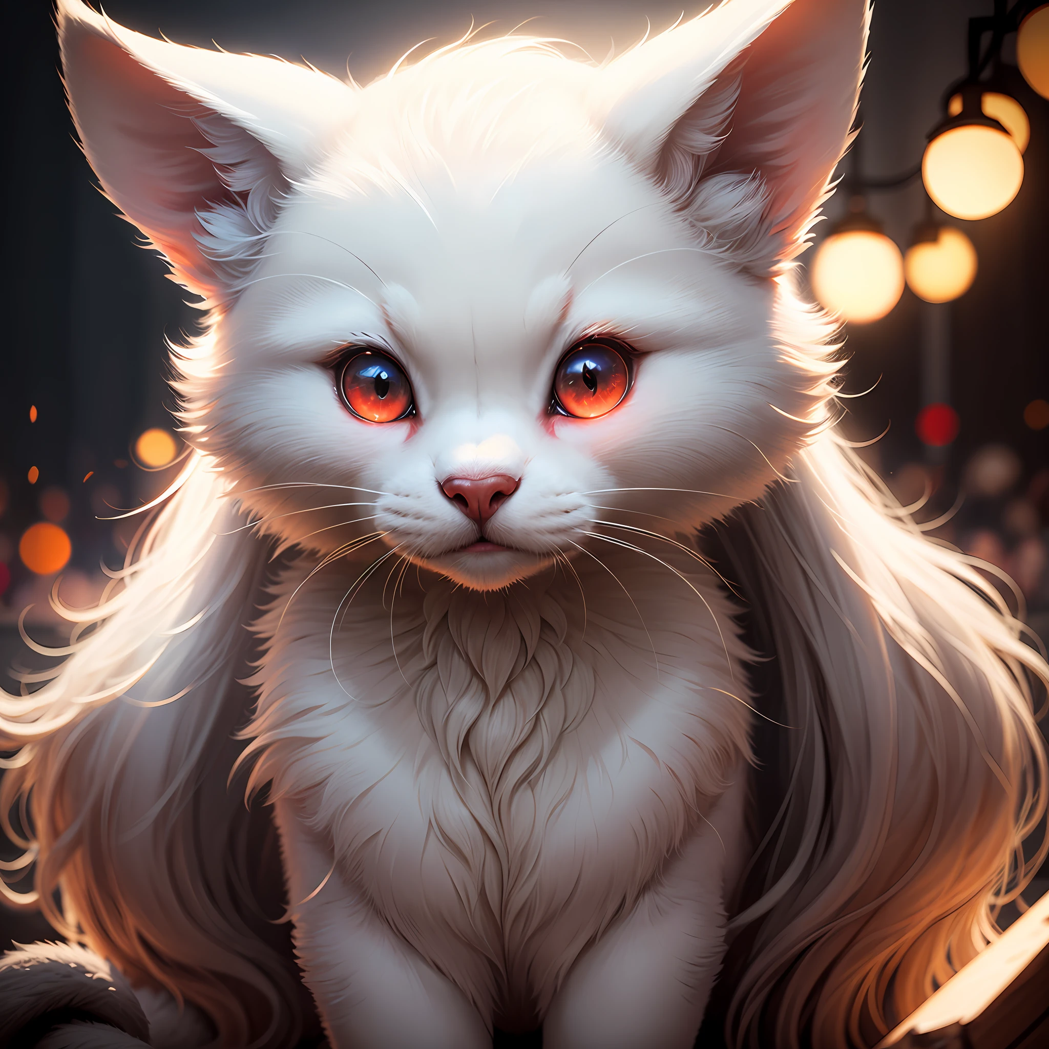 furry, white fur, ultra cute face, red elements on fur, glowing t-shrt, beautiful lights and shadows, ambient light, ultra detailed fur, volumetric light --auto