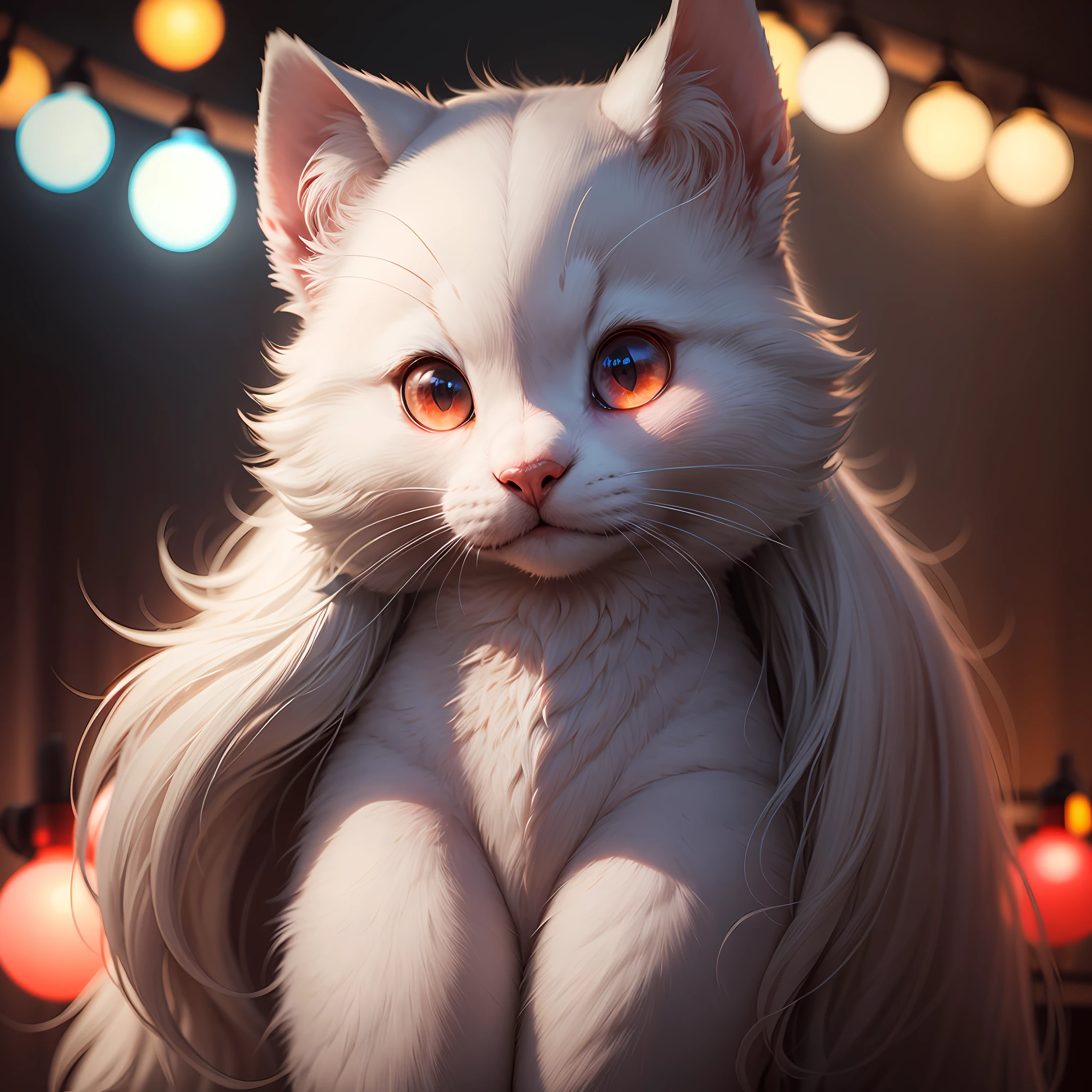 furry, white fur, ultra cute face, red elements on fur, glowing t-shrt, beautiful lights and shadows, ambient light, ultra detailed fur, volumetric light --auto