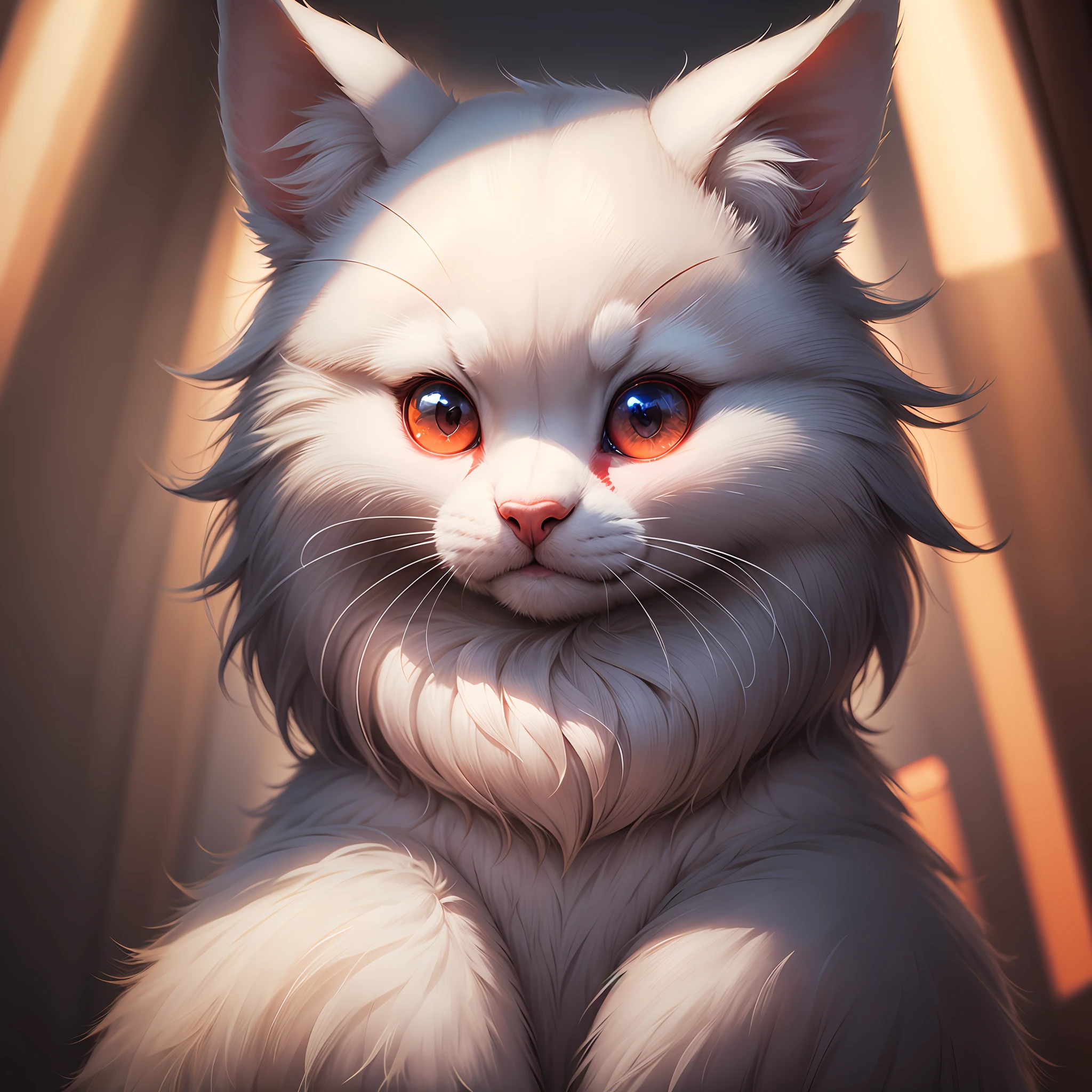 furry, white fur, ultra cute face, red elements on fur, glowing t-shrt, beautiful lights and shadows, ambient light, ultra detailed fur, volumetric light --auto