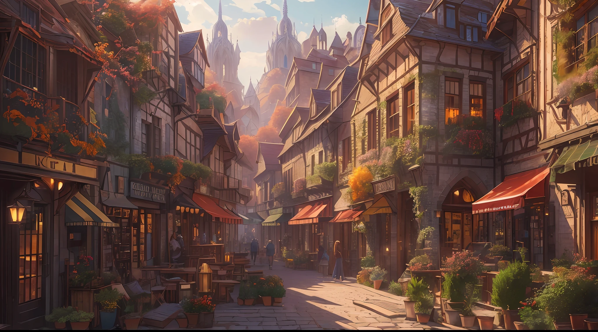 "(ultra-detailed CG unity 8k wallpaper, masterpiece, best quality, depth of field, HDR, intricate), (by Greg Rutkowski: 1.2), City of wind, bustling streets, medieval fantasy buildings, vibrant atmosphere, dynamic angles, architectural marvels, busy pedestrians, swirling leaves, sunlight piercing through buildings, urban energy, lively cityscape, windy."