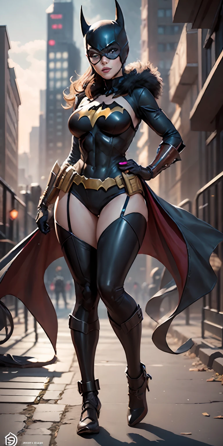 Batgirl from DC, big breasts, frontal, full-length, looking at the camera, facing the audience, standing pose, Gotham city background, three-dimensional light, detailed full-body concept, sleek digital concept art, beautiful full-body concept art, art trend, CGsociety full-length,