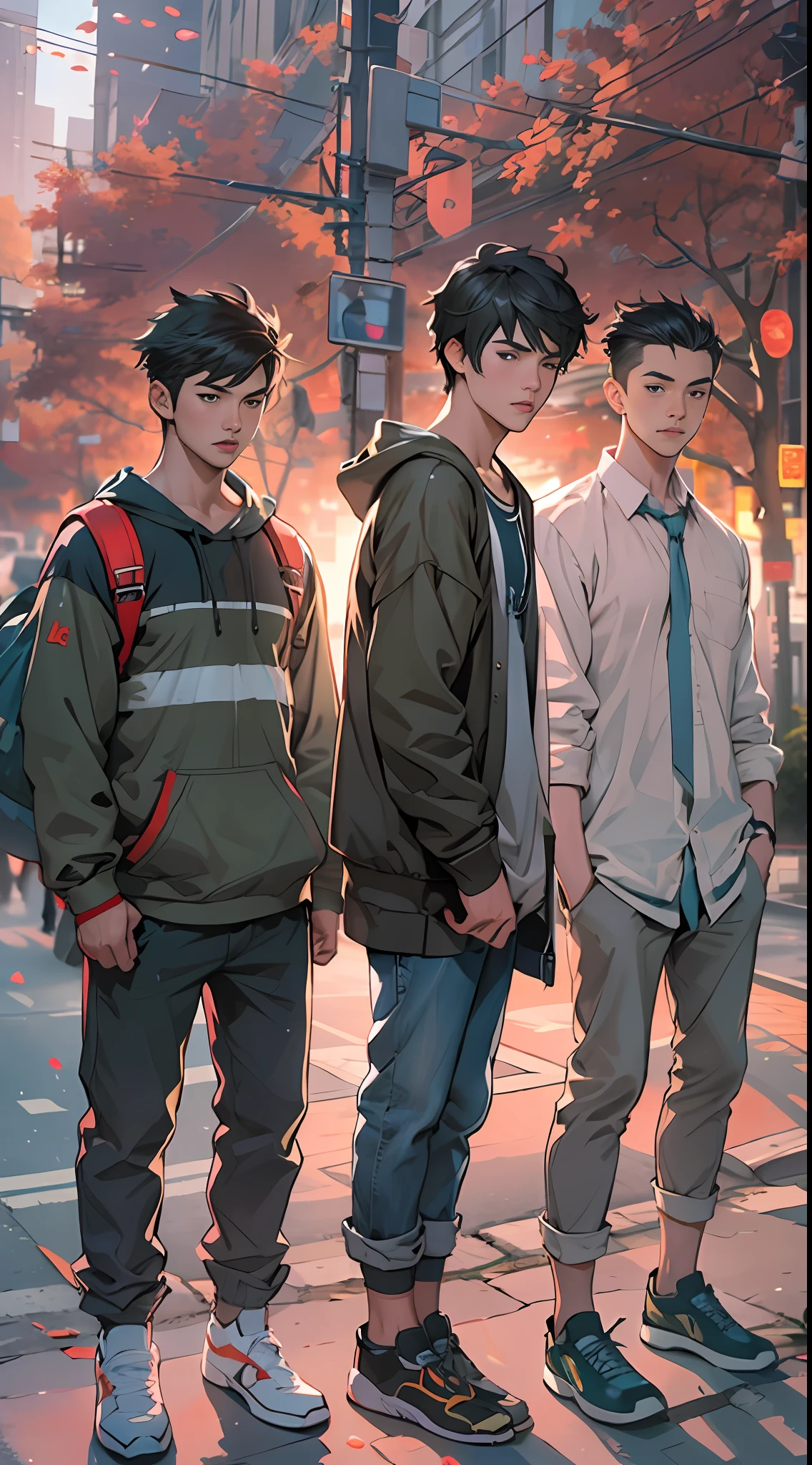 three asian boys in street are standing together in a city, in the style of kris knight, xiaofei yue, photo-realistic hyperbole, soft, romantic scenes, heistcore, gender bending