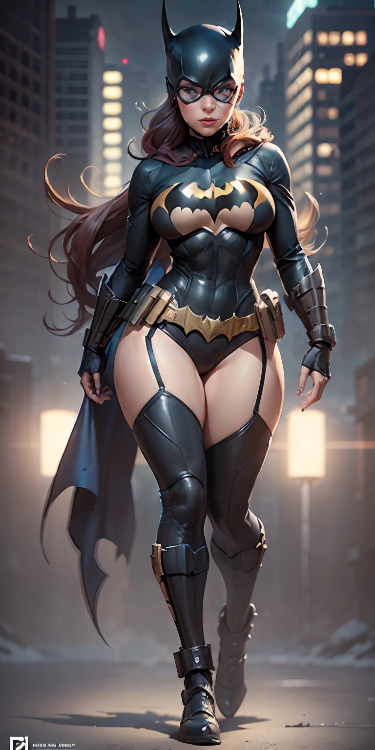 Batgirl from DC, big breasts, frontal, full-length, looking at the camera, facing the audience, standing pose, Gotham city background, three-dimensional light, detailed full-body concept, sleek digital concept art, beautiful full-body concept art, art trend, CGsociety full-length,