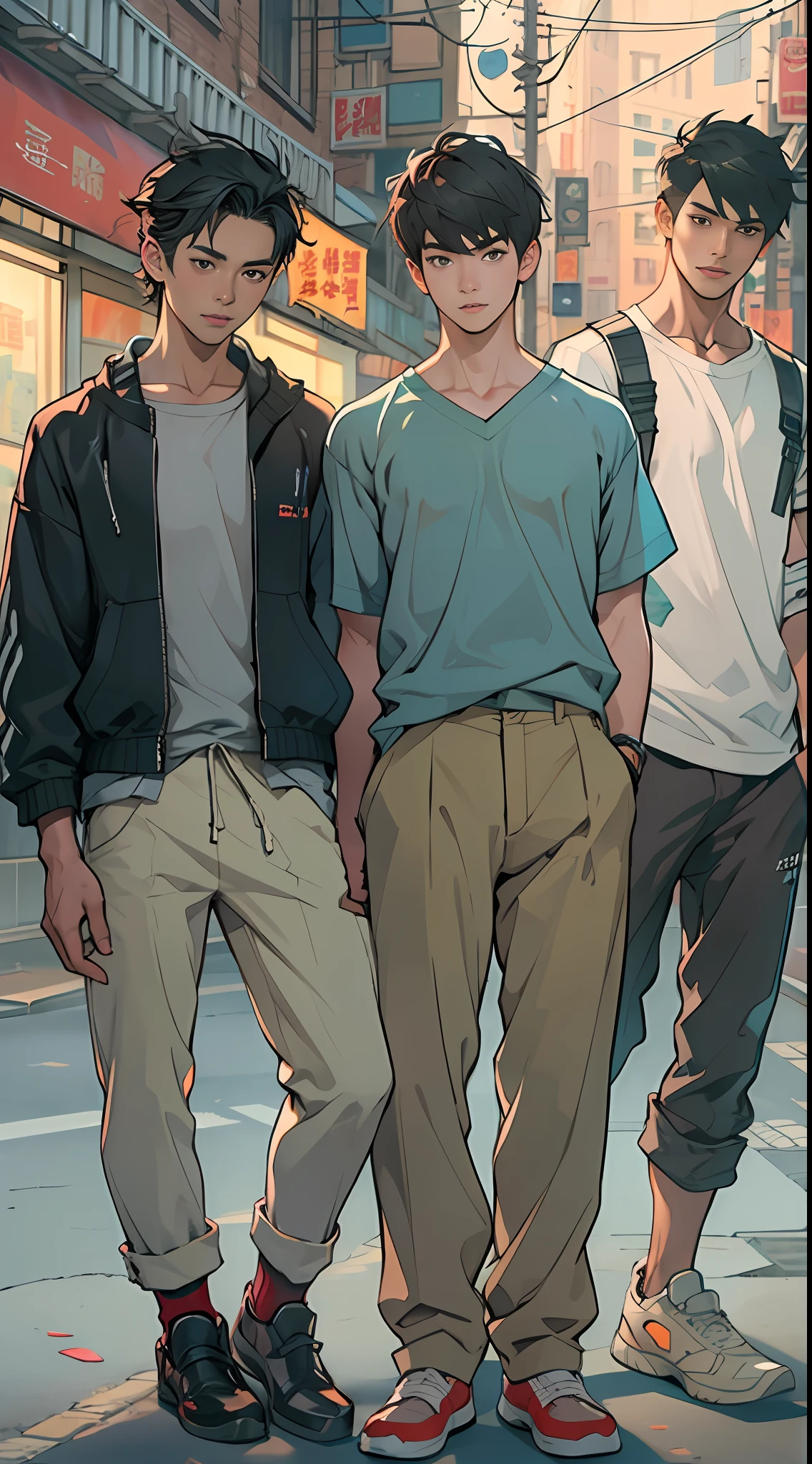 three asian boys in street are standing together in a city, in the style of kris knight, xiaofei yue, photo-realistic hyperbole, soft, romantic scenes, heistcore, gender bending
