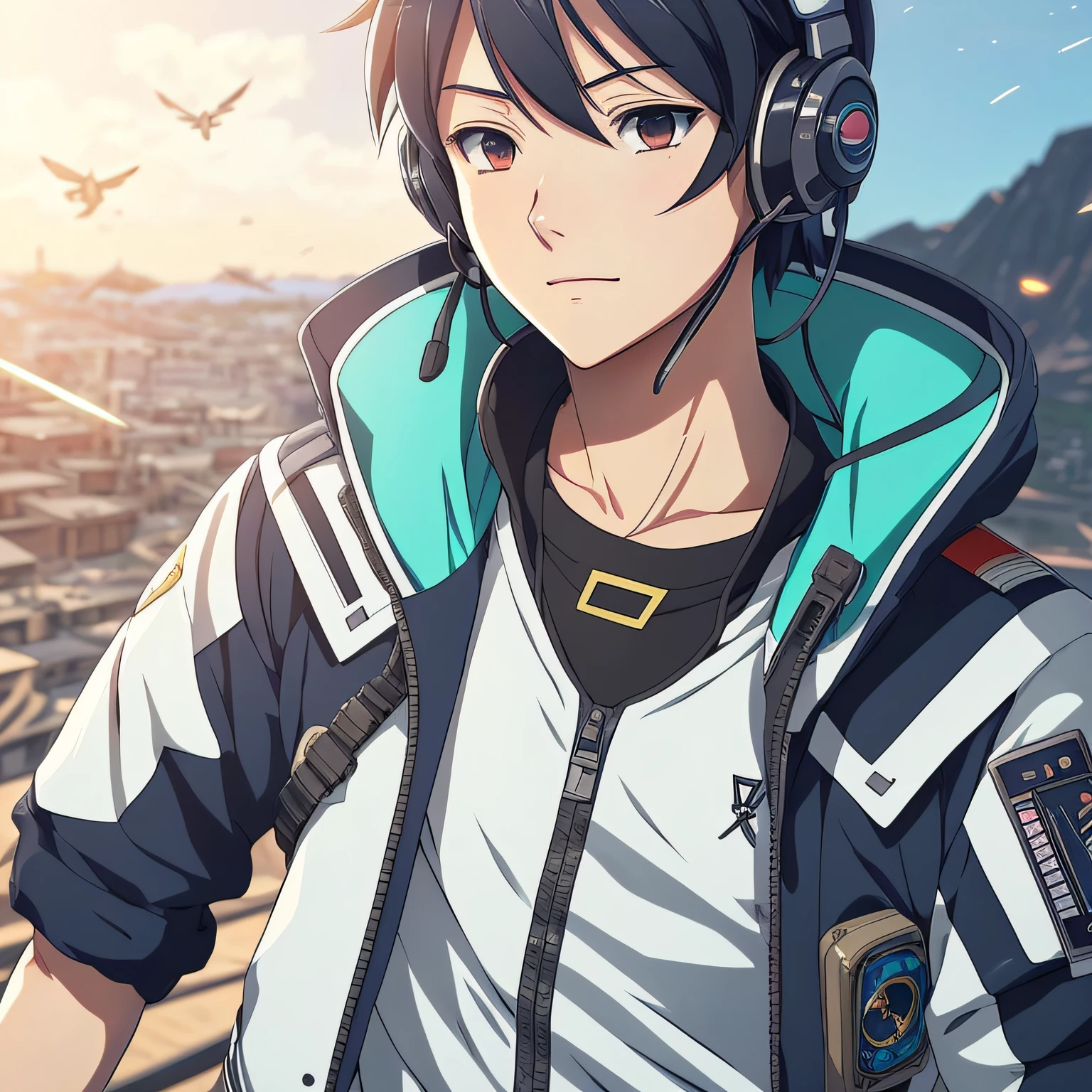 Anime boy with headphones and jacket with birds flying around her, Portrait anime space cadet boy, Makoto Shinkai ( apex legends ), Detailed digital anime art, clean and meticulous anime art, detailed anime character art, Detailed fanart, Digital anime illustration, high detailed official artwork, Detailed anime artwork, cushart kenz, style of anime4 K, :: rossdraws --auto