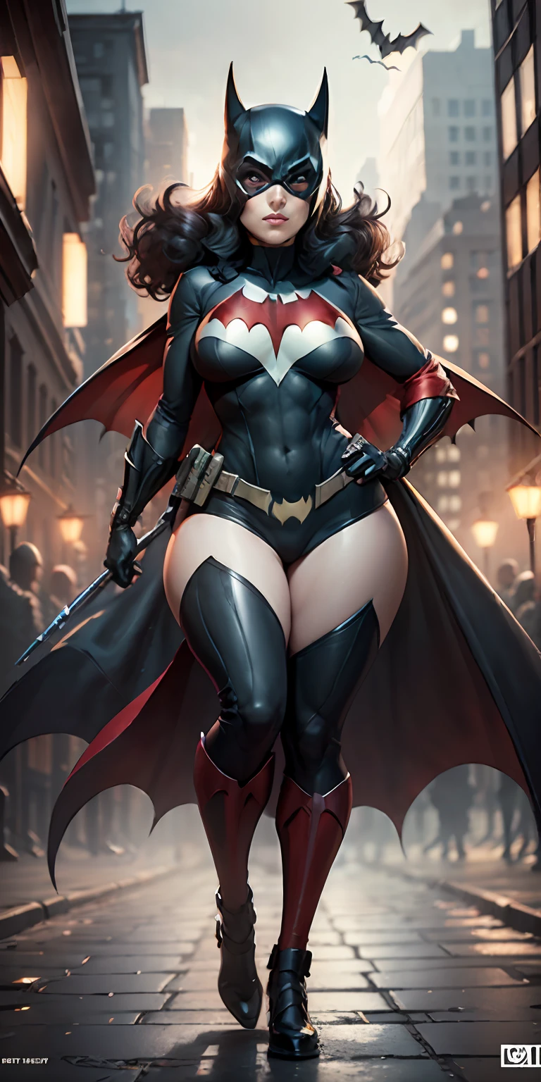 Batwoman from DC, big breasts, frontal, full-length, looking at the camera, facing the audience, standing pose, Gotham city background, three-dimensional light, detailed full-body concept, sleek digital concept art, beautiful full-body concept art, art trend, CGsociety full-length,