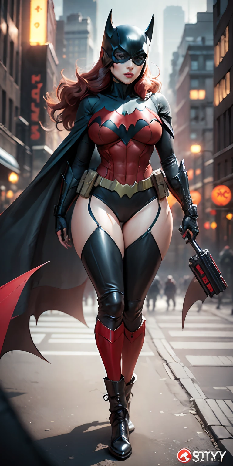 Batwoman from DC, big breasts, frontal, full-length, looking at the camera, facing the audience, standing pose, Gotham city background, three-dimensional light, detailed full-body concept, sleek digital concept art, beautiful full-body concept art, art trend, CGsociety full-length,