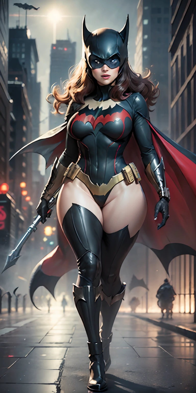 Batwoman from DC, big breasts, frontal, full-length, looking at the camera, facing the audience, standing pose, Gotham city background, three-dimensional light, detailed full-body concept, sleek digital concept art, beautiful full-body concept art, art trend, CGsociety full-length,